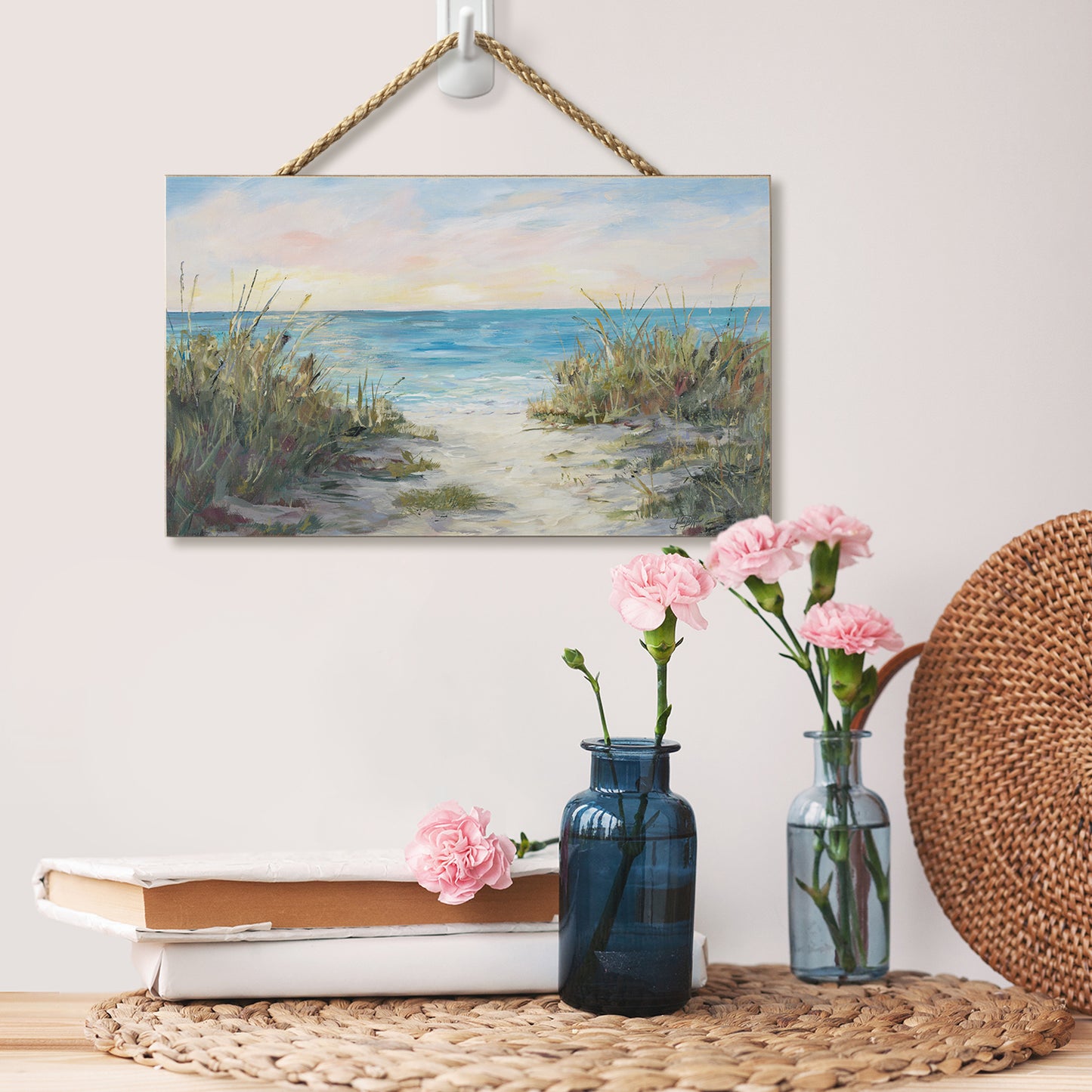 CounterArt Beach Walk Decorative Hanging Wood Wall Sign 9.5” by 5.75” Made in the USA Features Braided Rope Hanger