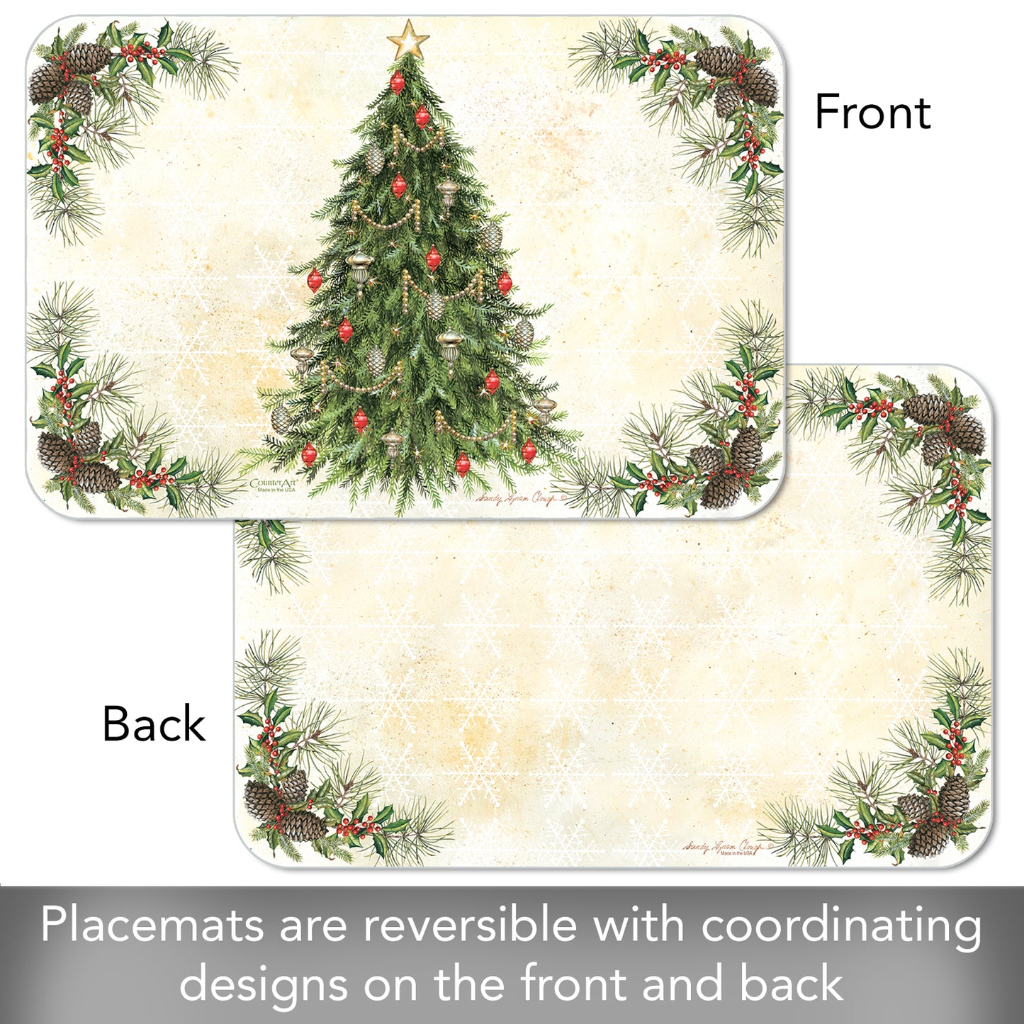 CounterArt Vintage Christmas Tree Reversible Easy Care Flexible Plastic Placemats 4 Pack Made in The USA BPA Free Easily Wipes Clean