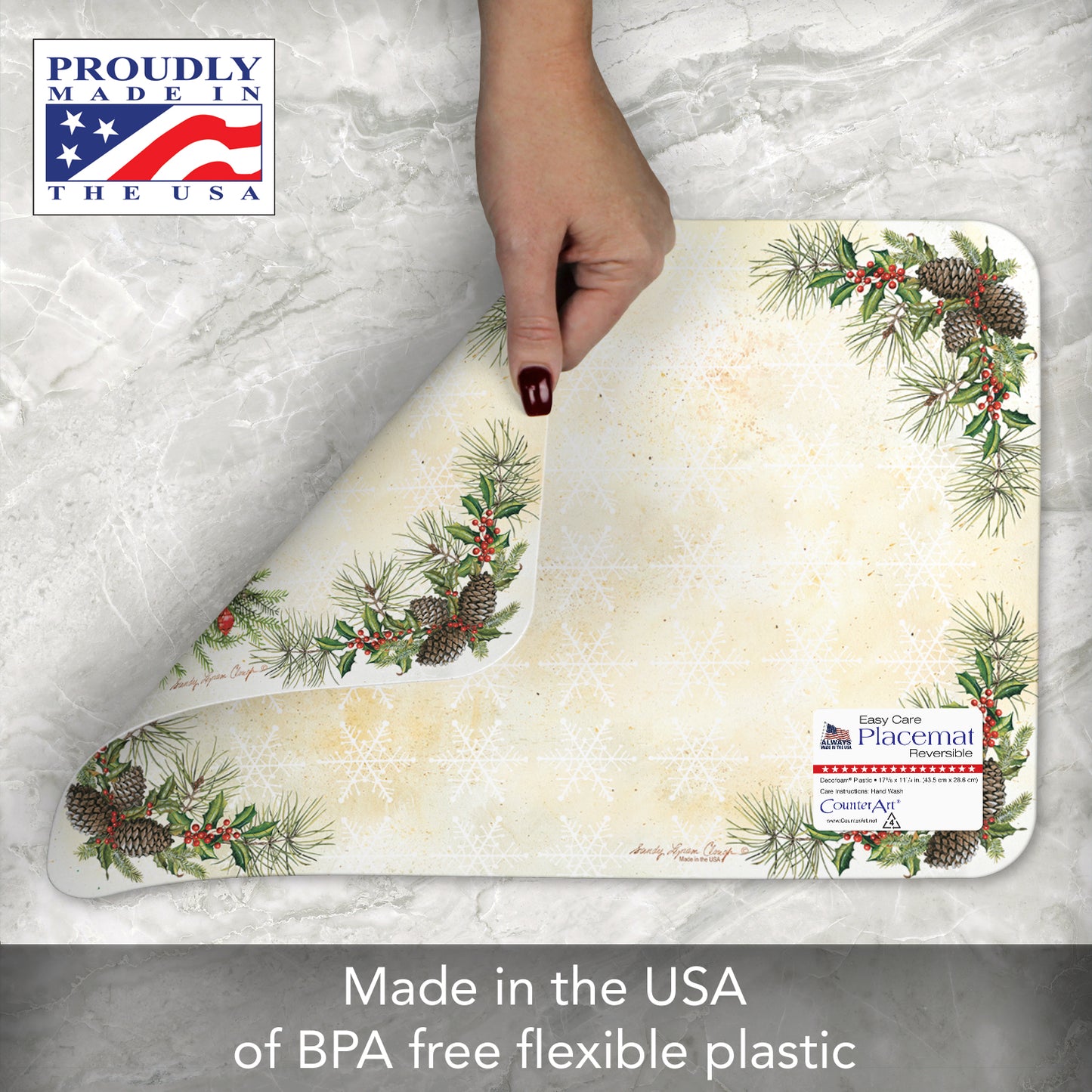 CounterArt Vintage Christmas Tree Reversible Easy Care Flexible Plastic Placemats 4 Pack Made in The USA BPA Free Easily Wipes Clean
