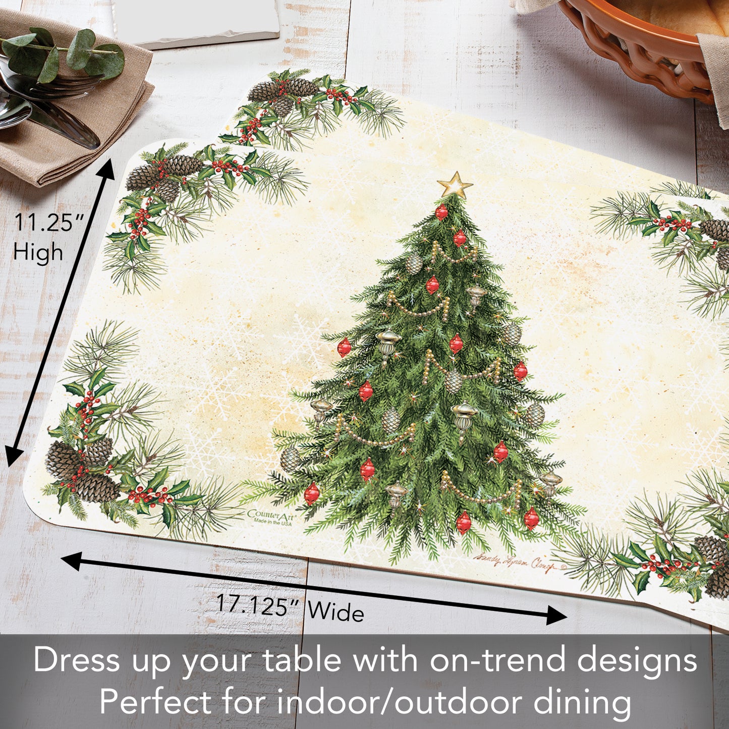 CounterArt Vintage Christmas Tree Reversible Easy Care Flexible Plastic Placemats 4 Pack Made in The USA BPA Free Easily Wipes Clean