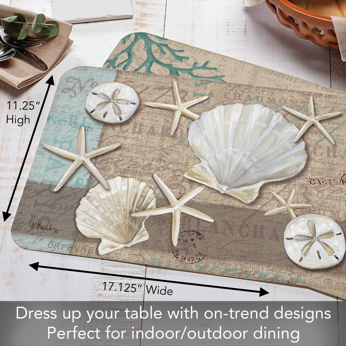 CounterArt Linen Shells 4 Pack Reversible Easy Care Flexible Placemats Made in the USA