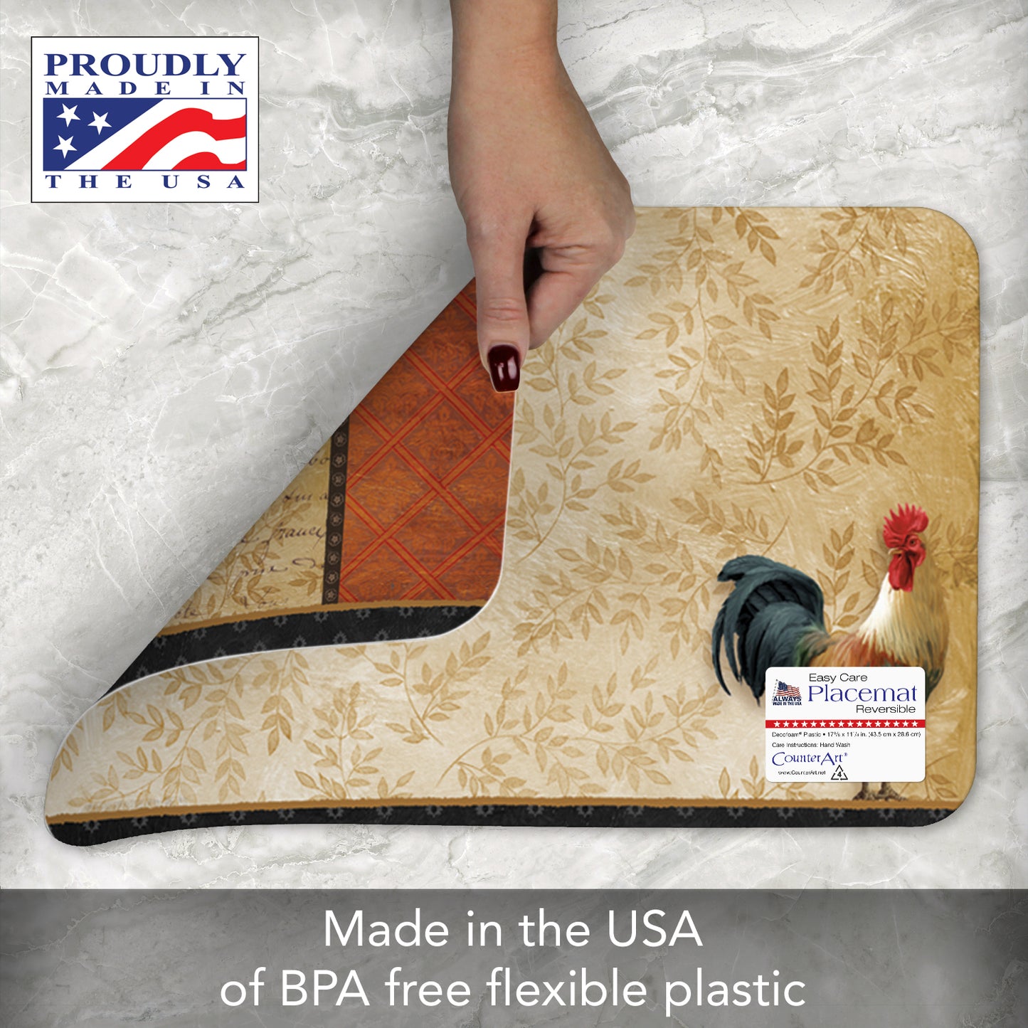 CounterArt Signature Rooster 4 Pack Reversible Easy Care Flexible Placemats Made in The USA
