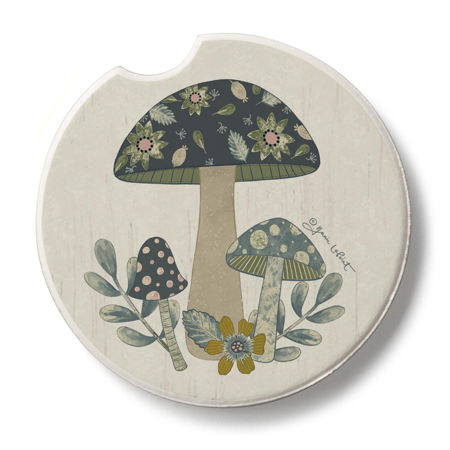Thirstystone Patterned Mushrooms Single Absorbent Stone Car Coaster 2.6” Diameter Manufactured in The USA