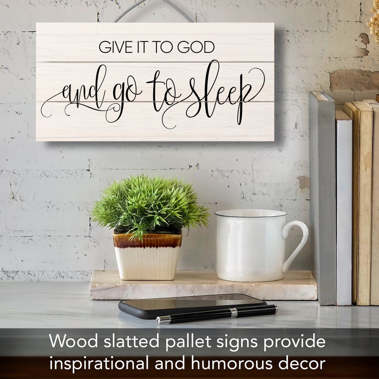 Give it to God Decorative Pallet Wood Sign 12" x 6" Made in the USA Wire Hanger Doubles as an Easel