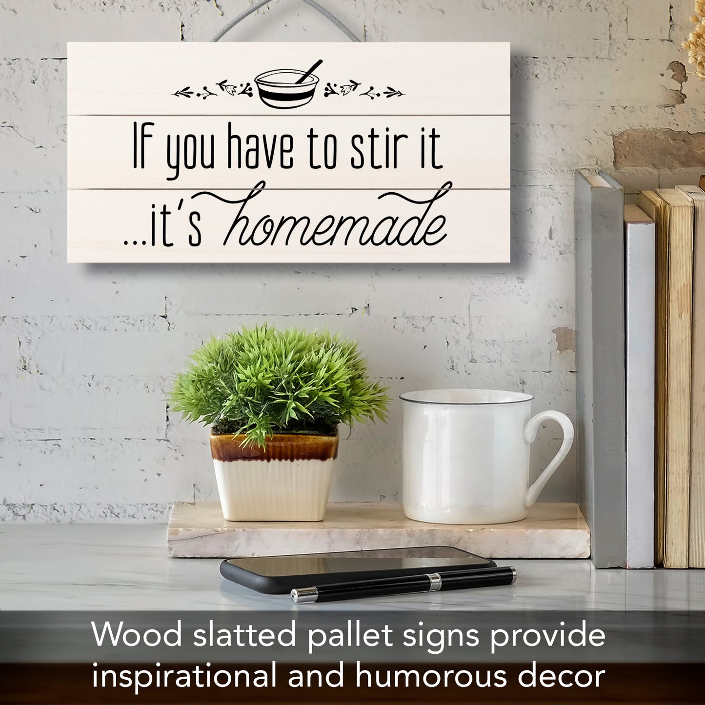 Highland Home Homemade Decorative Pallet Wood Sign 12" x 6" Made in the USA Wire Hanger Included That Doubles as an Easel