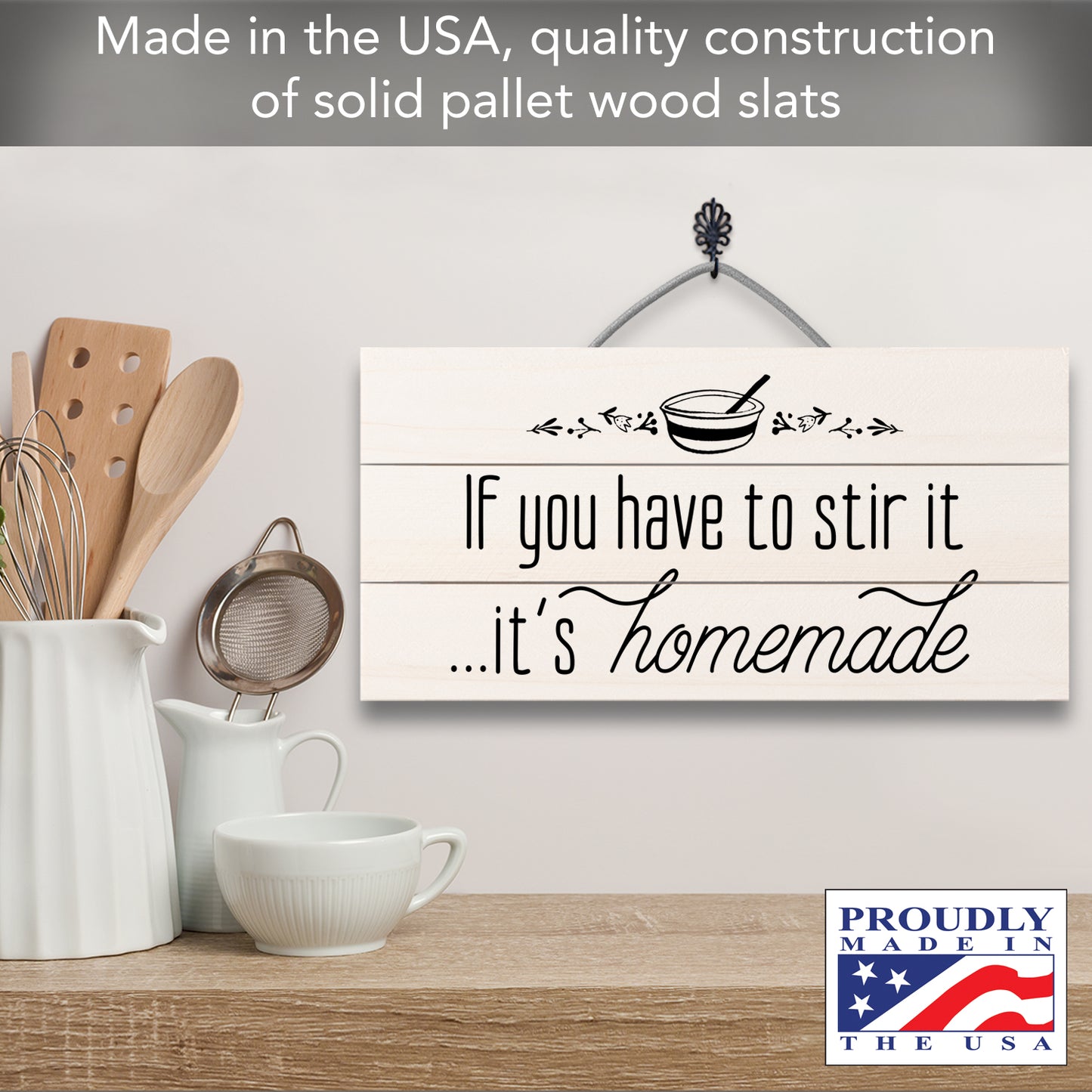 Highland Home Homemade Decorative Pallet Wood Sign 12" x 6" Made in the USA Wire Hanger Included That Doubles as an Easel