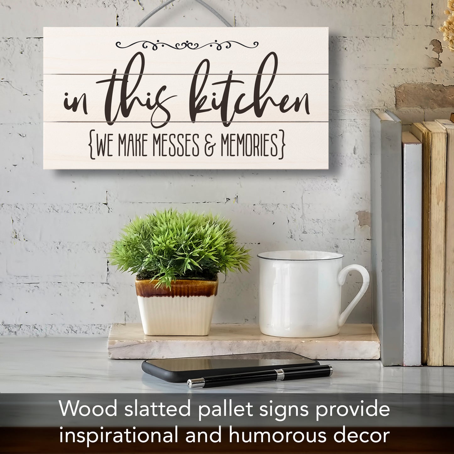 Messes & Memories Decorative Pallet Wood Kitchen Sign 12" x 6" Made in the USA Wire Hanger Doubles as an Easel