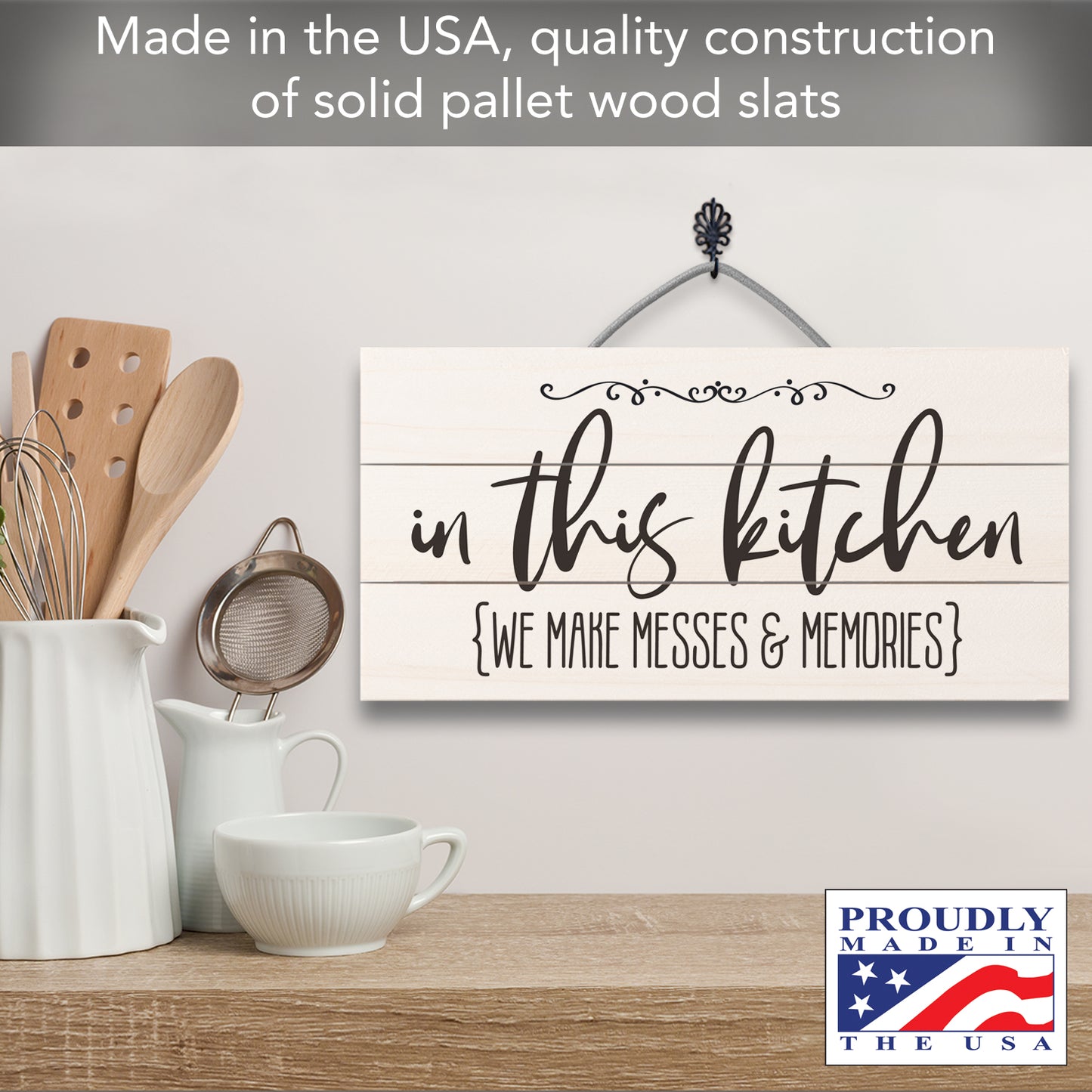 Messes & Memories Decorative Pallet Wood Kitchen Sign 12" x 6" Made in the USA Wire Hanger Doubles as an Easel