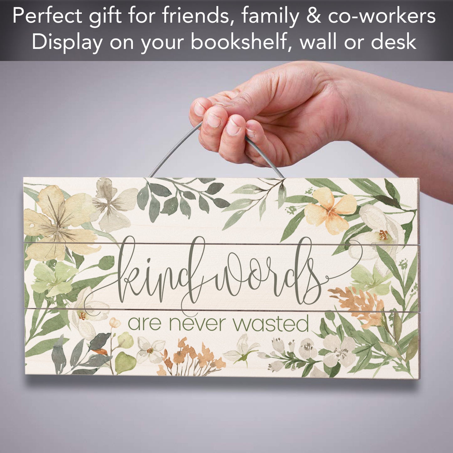 Kind Words Never Wasted Decorative Pallet Wood Sign 12" x 6" Made in the USA Wire Hanger Doubles as an Easel