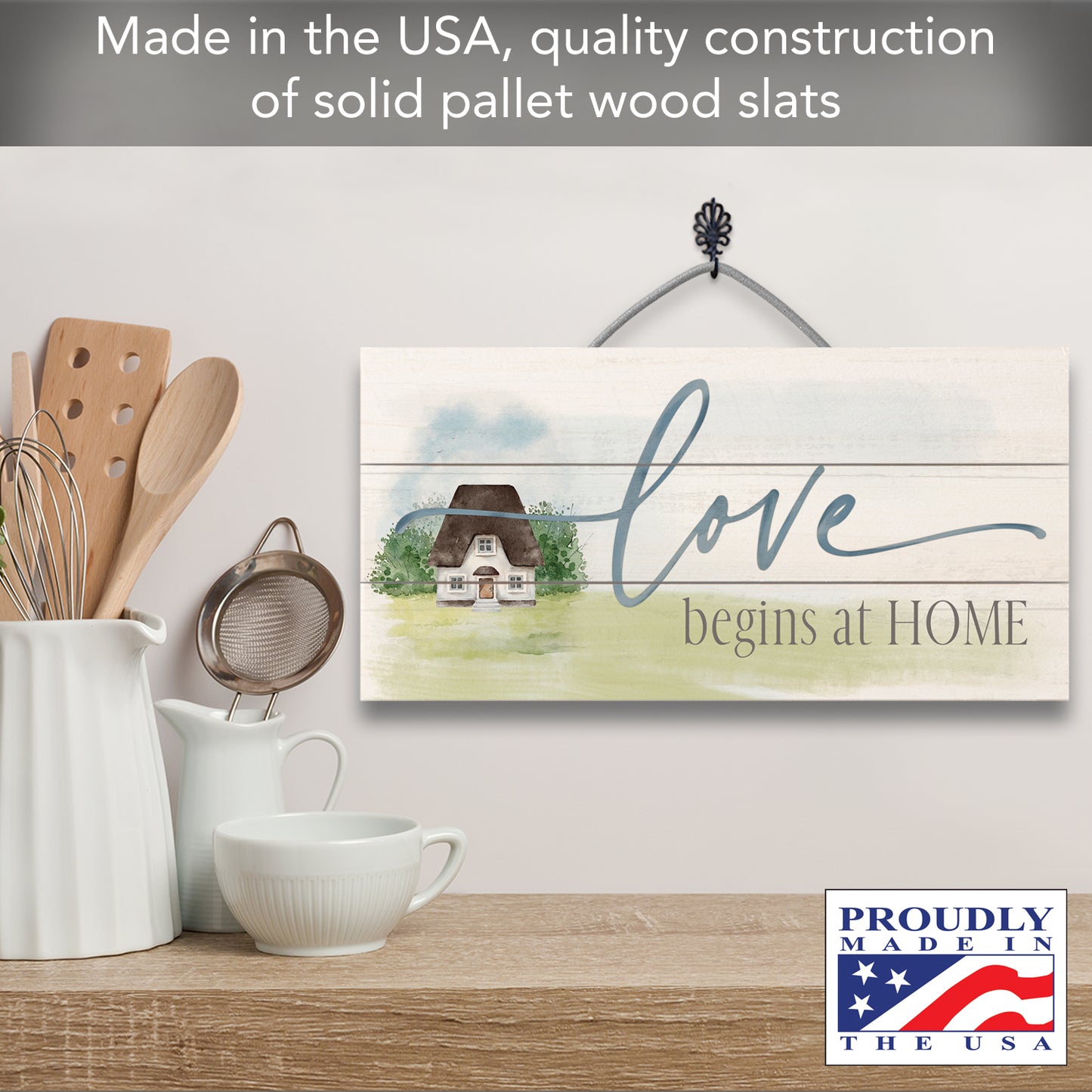 CounterArt Love Begins at Home Decorative Slatted Pallet Wood Sign 12" by 6" Made in the USA