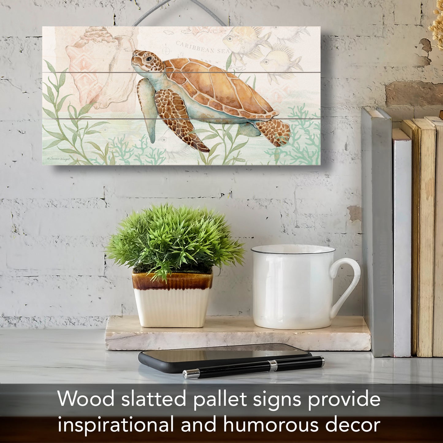 Highland Home Sea Turtle Decorative Pallet Wood Sign 12" x 6" Made in the USA Wire Hanger Included that Doubles as an Easel
