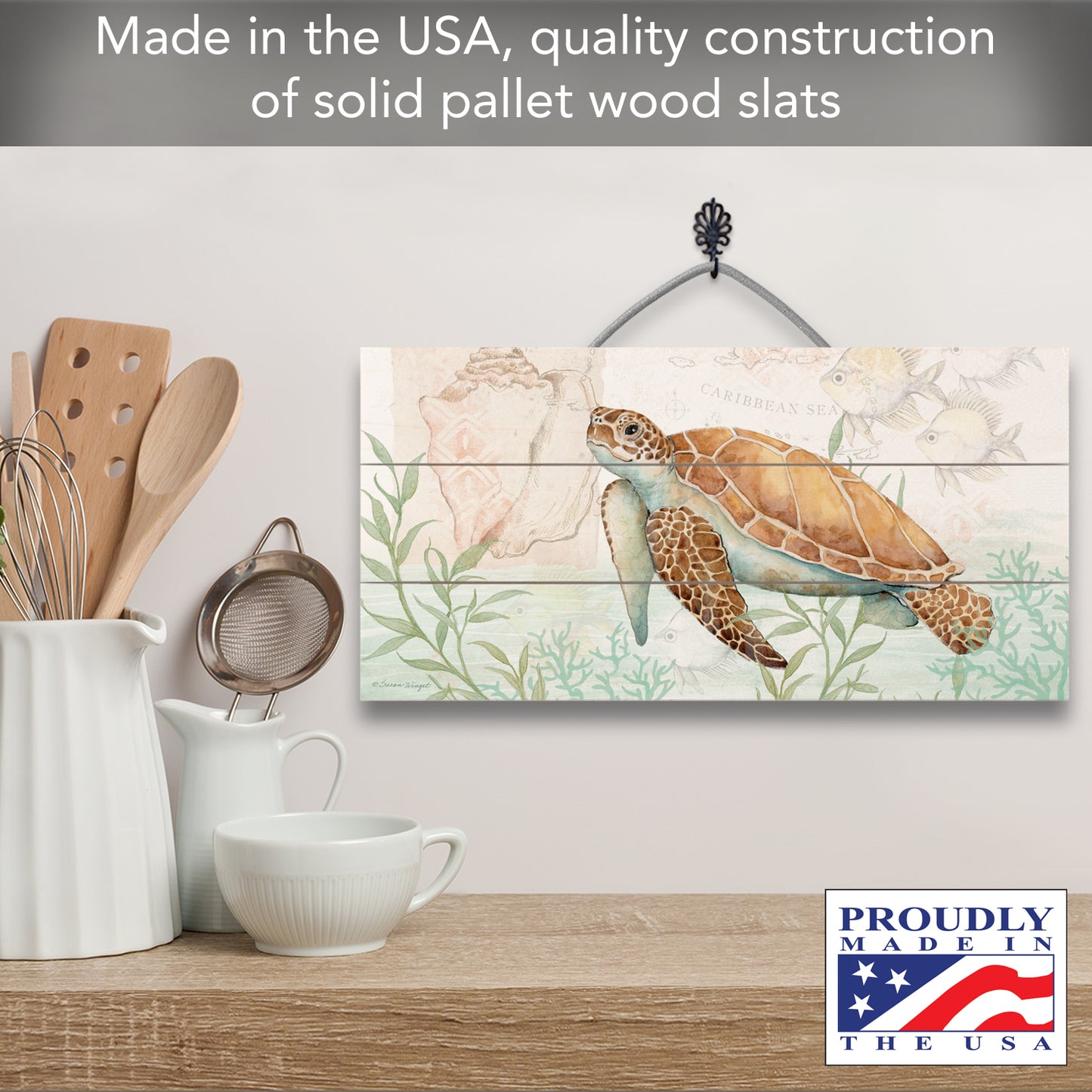 Sea Turtle Decorative Pallet Wood Sign 12" x 6" Made in the USA Wire Hanger Doubles as an Easel