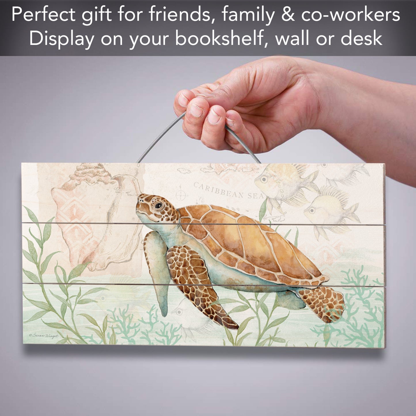Sea Turtle Decorative Pallet Wood Sign 12" x 6" Made in the USA Wire Hanger Doubles as an Easel
