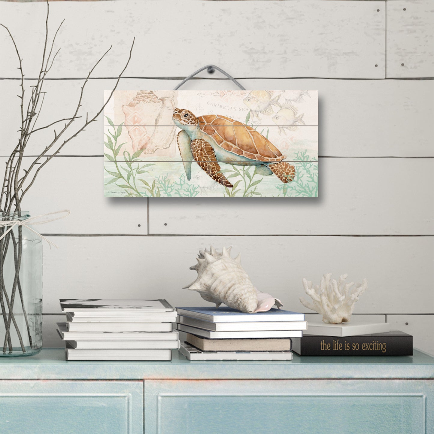 Highland Home Sea Turtle Decorative Pallet Wood Sign 12" x 6" Made in the USA Wire Hanger Included that Doubles as an Easel