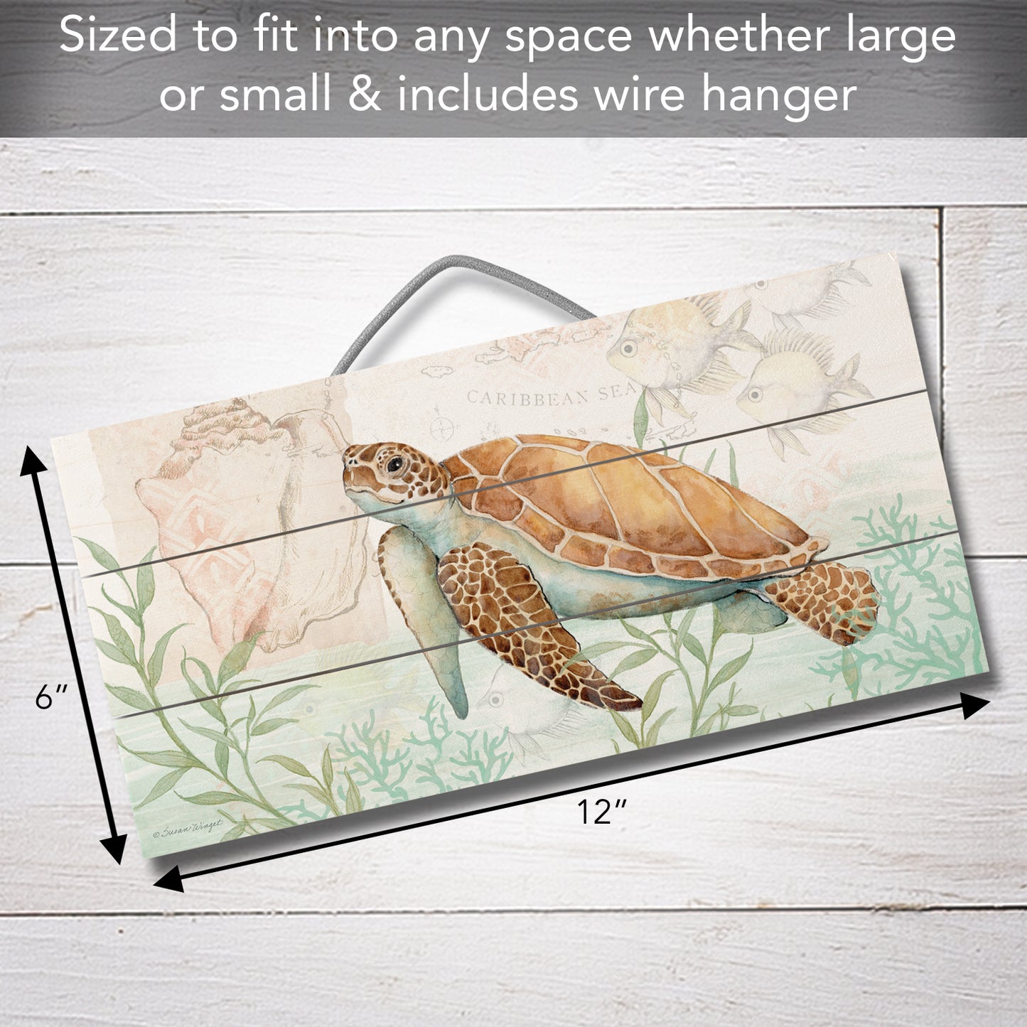 Sea Turtle Decorative Pallet Wood Sign 12" x 6" Made in the USA Wire Hanger Doubles as an Easel