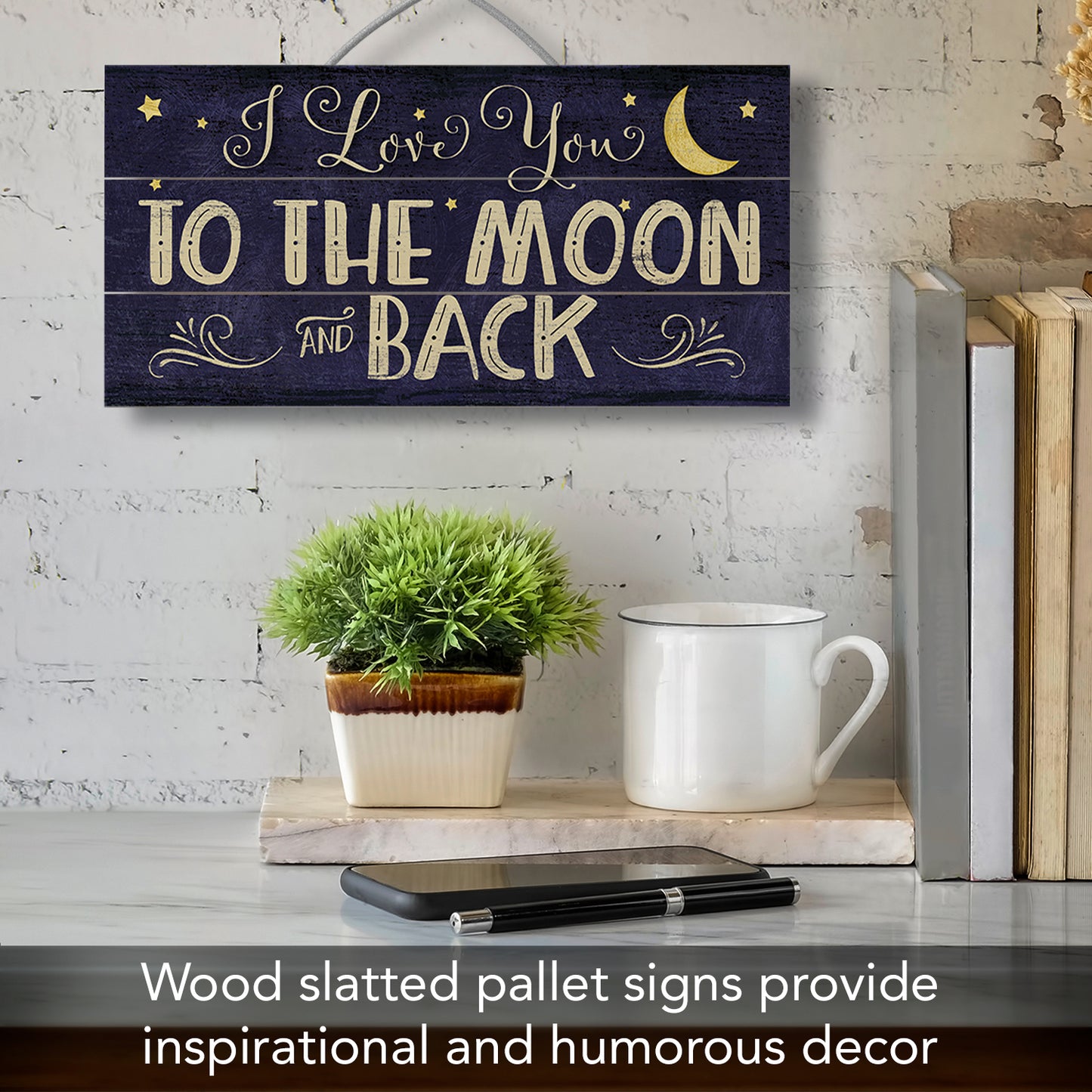 I Love You To The Moon Decorative Slatted Pallet Wood Sign 12" by 6" Made in the USA Wire Hanger Doubles as an Easel