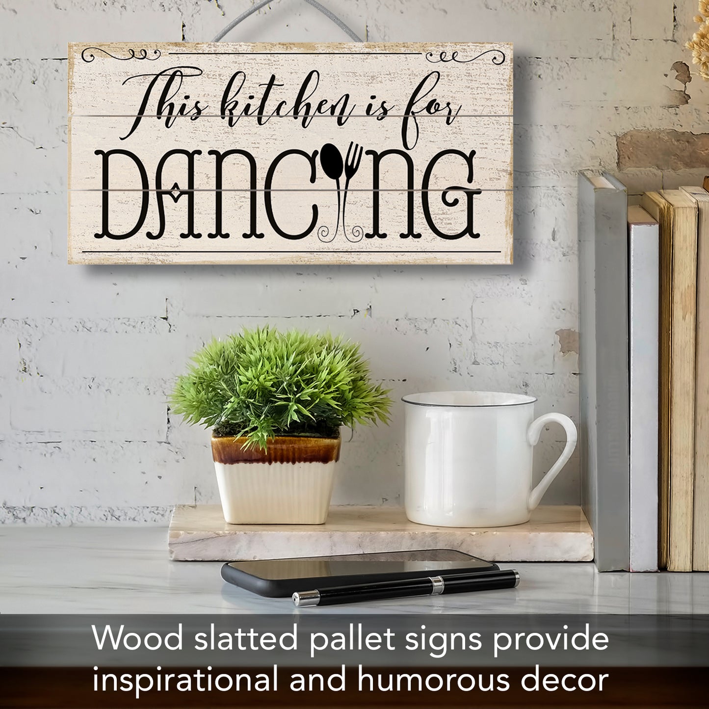 Highland Home Kitchen Is For Dancing Decorative Pallet Wood Sign 12" x 6" Made in the USA Wire Hanger Included and Doubles as an Easel