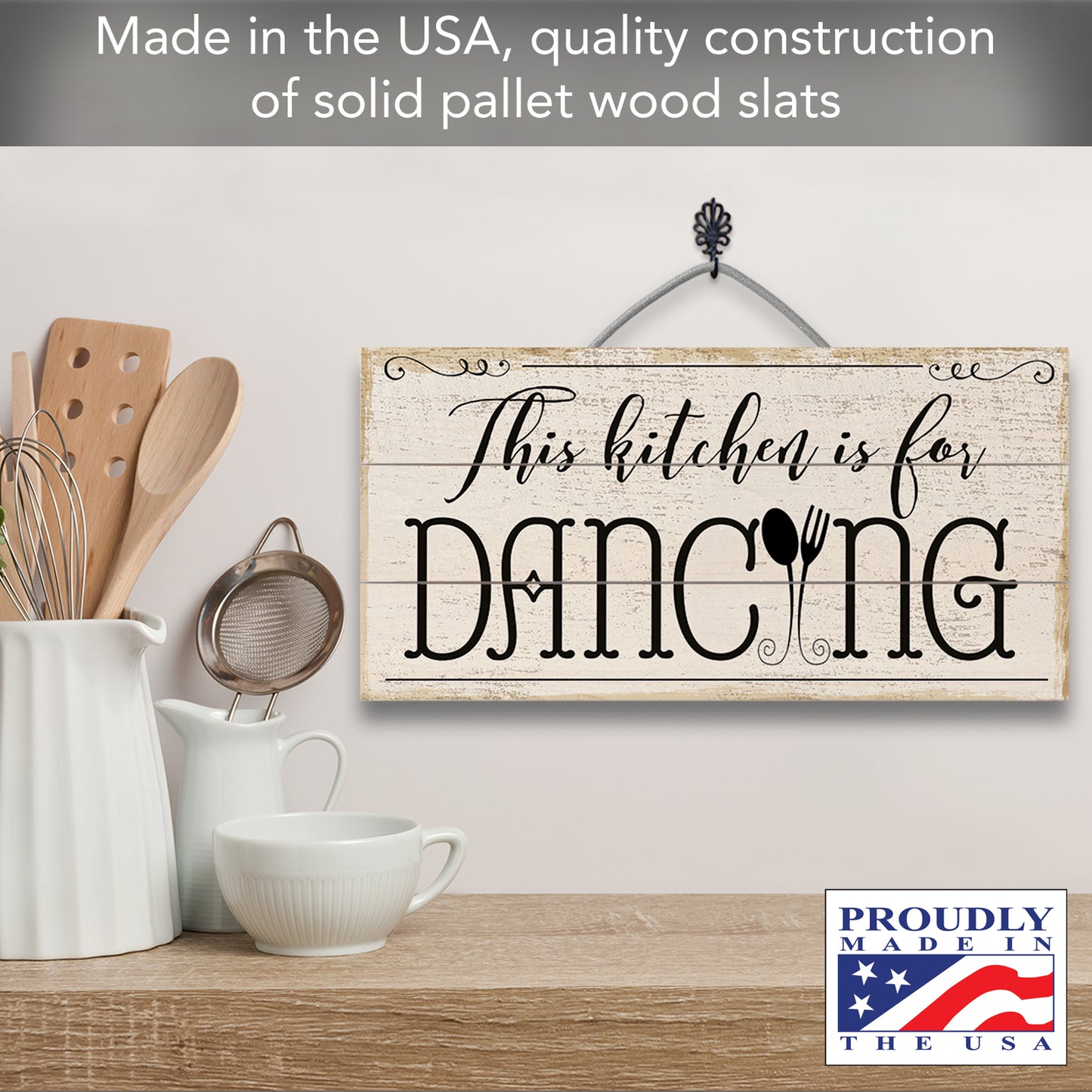 Highland Home Kitchen Is For Dancing Decorative Pallet Wood Sign 12" x 6" Made in the USA Wire Hanger Included and Doubles as an Easel
