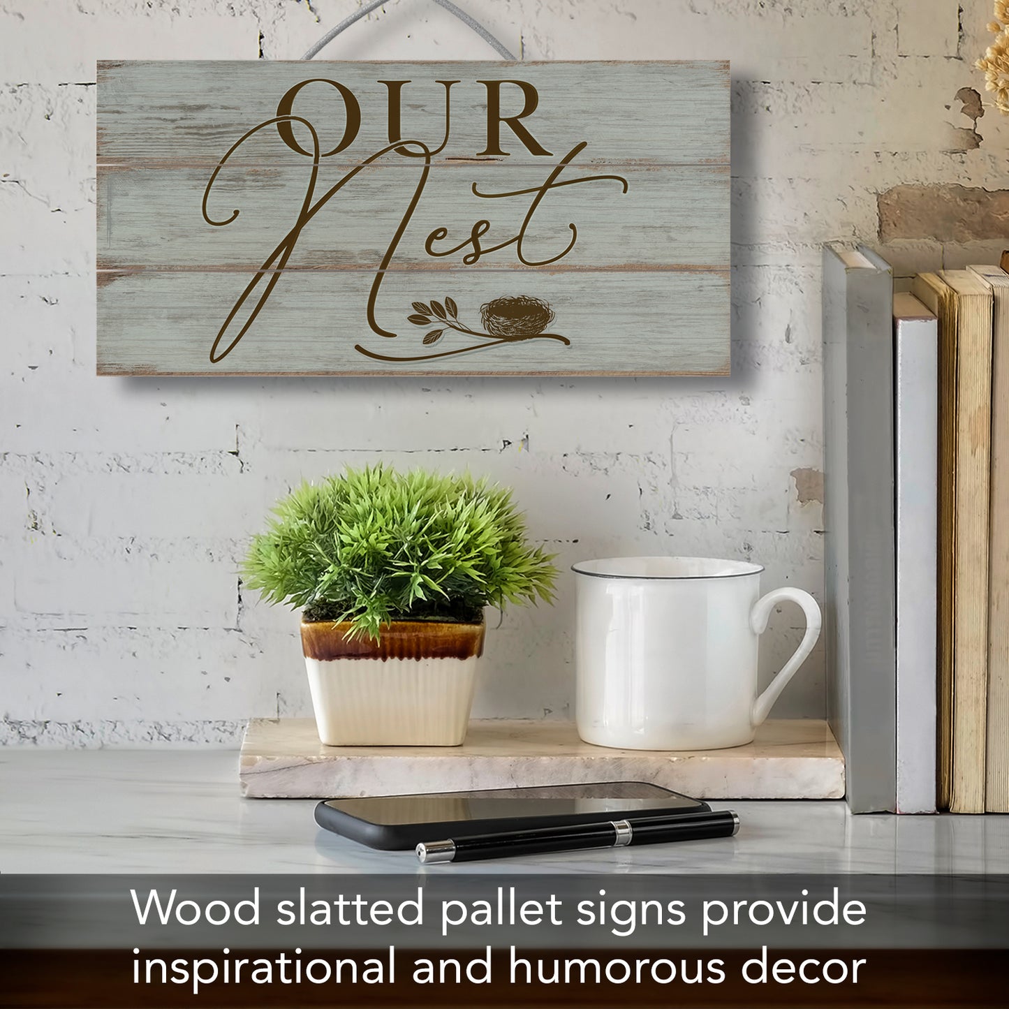 Our Nest Decorative Pallet Wood Sign 12" x 6" Made in the USA Wire Hanger Doubles as an Easel