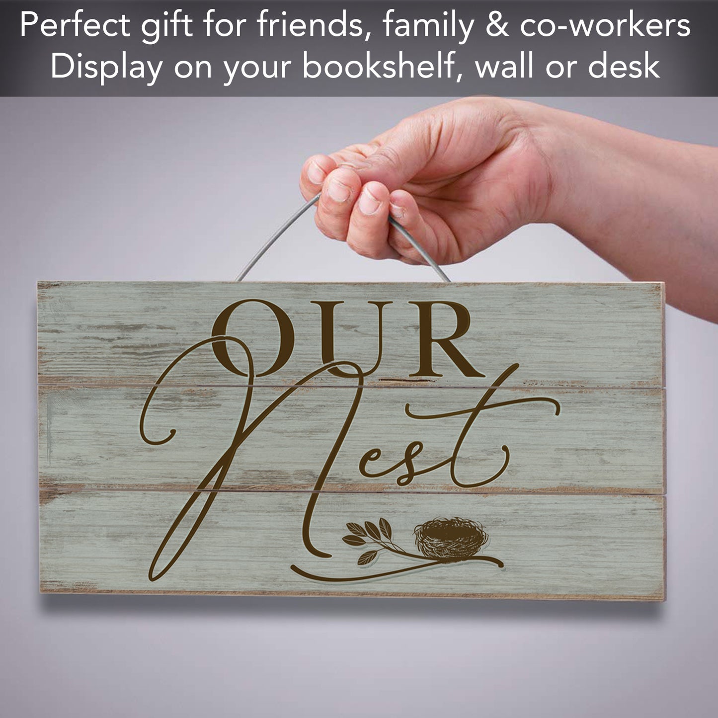 Our Nest Decorative Pallet Wood Sign 12" x 6" Made in the USA Wire Hanger Doubles as an Easel