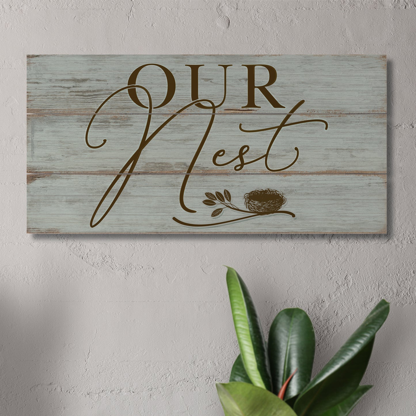 Our Nest Decorative Pallet Wood Sign 12" x 6" Made in the USA Wire Hanger Doubles as an Easel