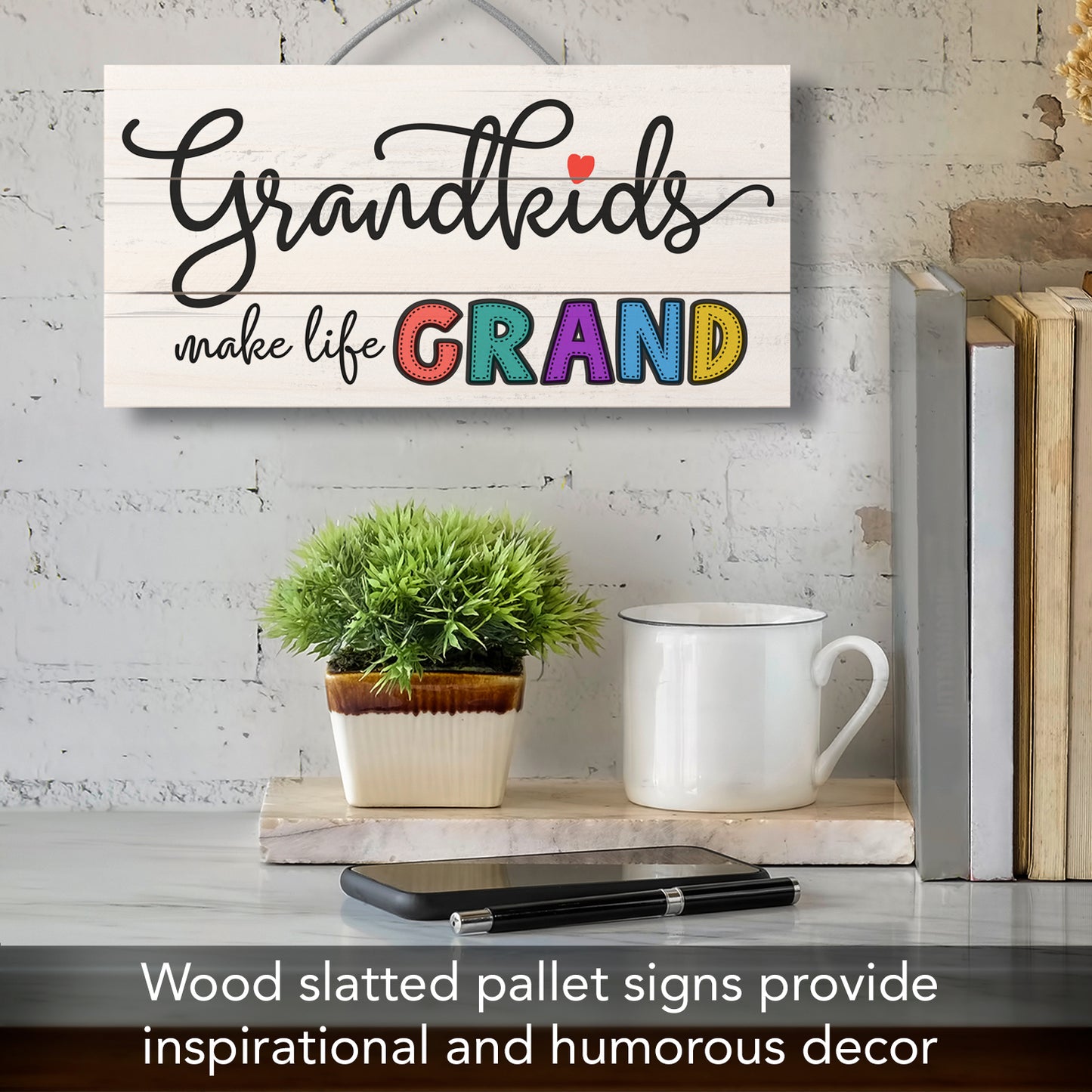 Grandkids Make Life Grand Decorative Pallet Wood Sign 12" x 6" Made in the USA Wire Hanger Doubles as an Easel