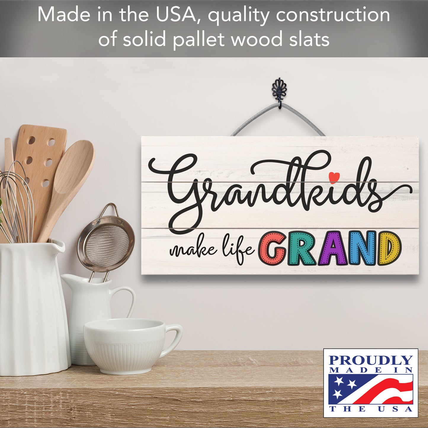 Grandkids Make Life Grand Decorative Pallet Wood Sign 12" x 6" Made in the USA Wire Hanger Doubles as an Easel