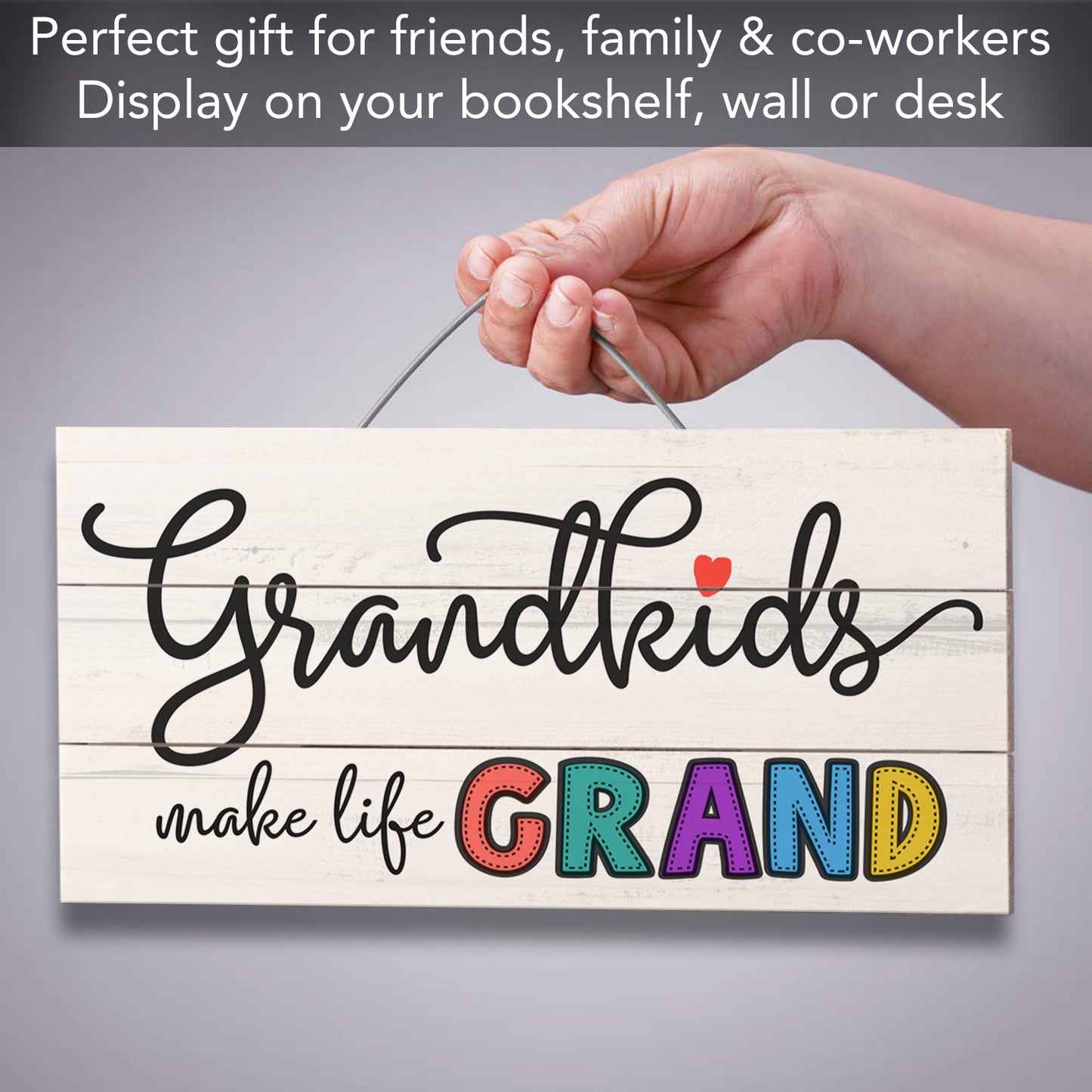 Grandkids Make Life Grand Decorative Pallet Wood Sign 12" x 6" Made in the USA Wire Hanger Doubles as an Easel