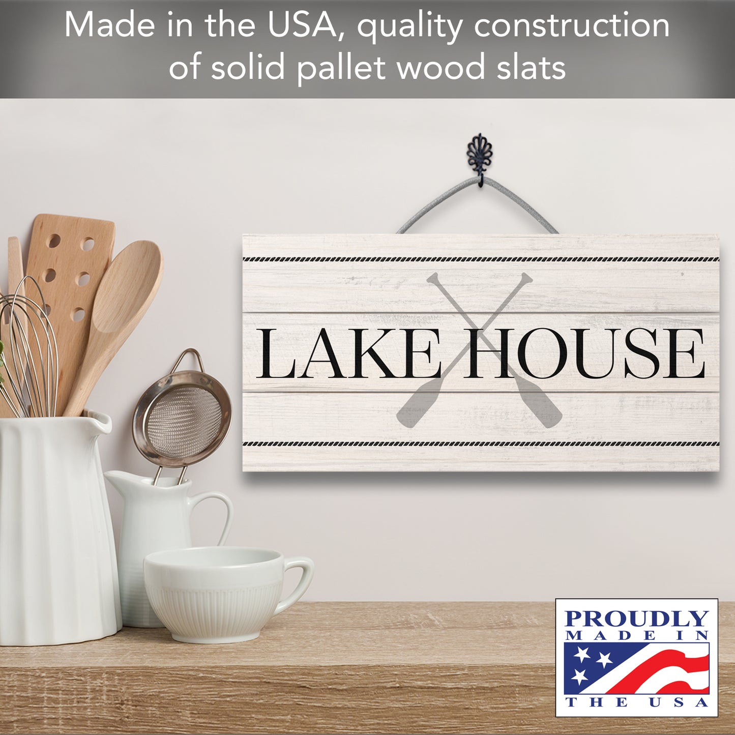 Lake House Decorative Slatted Pallet Wood Sign 12" by 6" Made in the USA Wire Hanger Doubles as an Easel