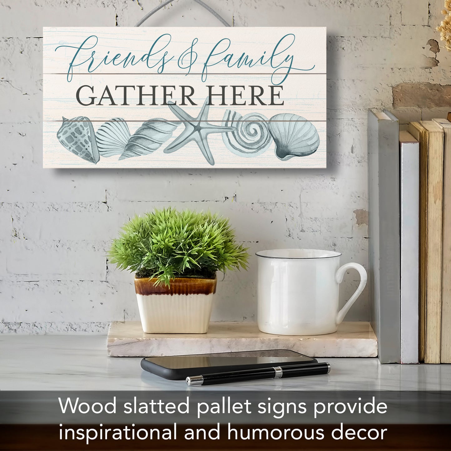 Friends & Family Decorative Slatted Pallet Wood Beach Sign 12" x 6" Made in the USA Wire Hanger Doubles as an Easel