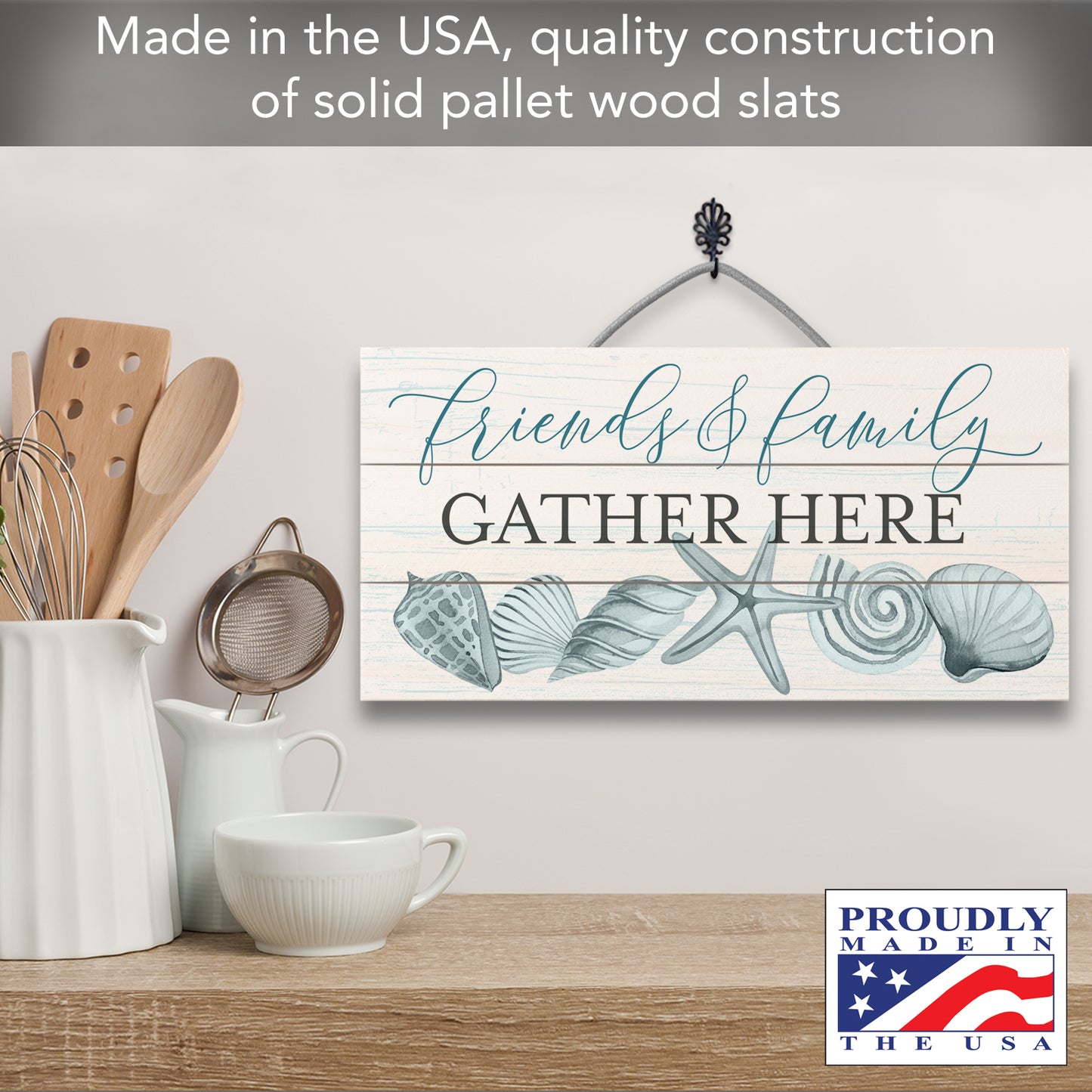 Friends & Family Decorative Slatted Pallet Wood Beach Sign 12" x 6" Made in the USA Wire Hanger Doubles as an Easel