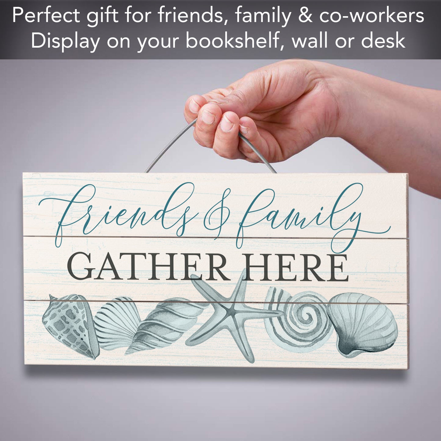Friends & Family Decorative Slatted Pallet Wood Beach Sign 12" x 6" Made in the USA Wire Hanger Doubles as an Easel