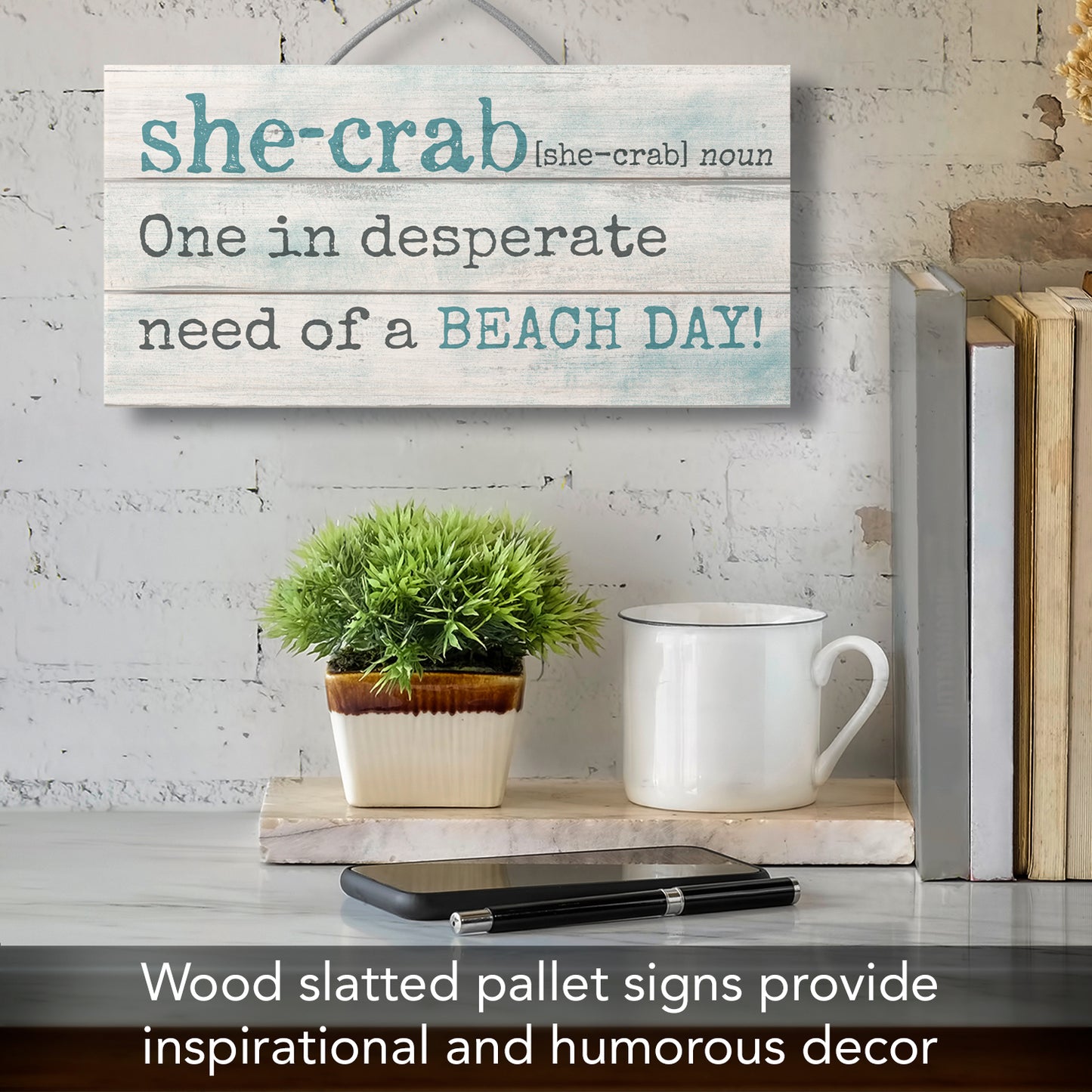 She Crab Decorative Slatted Pallet Wood Sign 12" by 6" Made in the USA Wire Hanger Doubles as an Easel