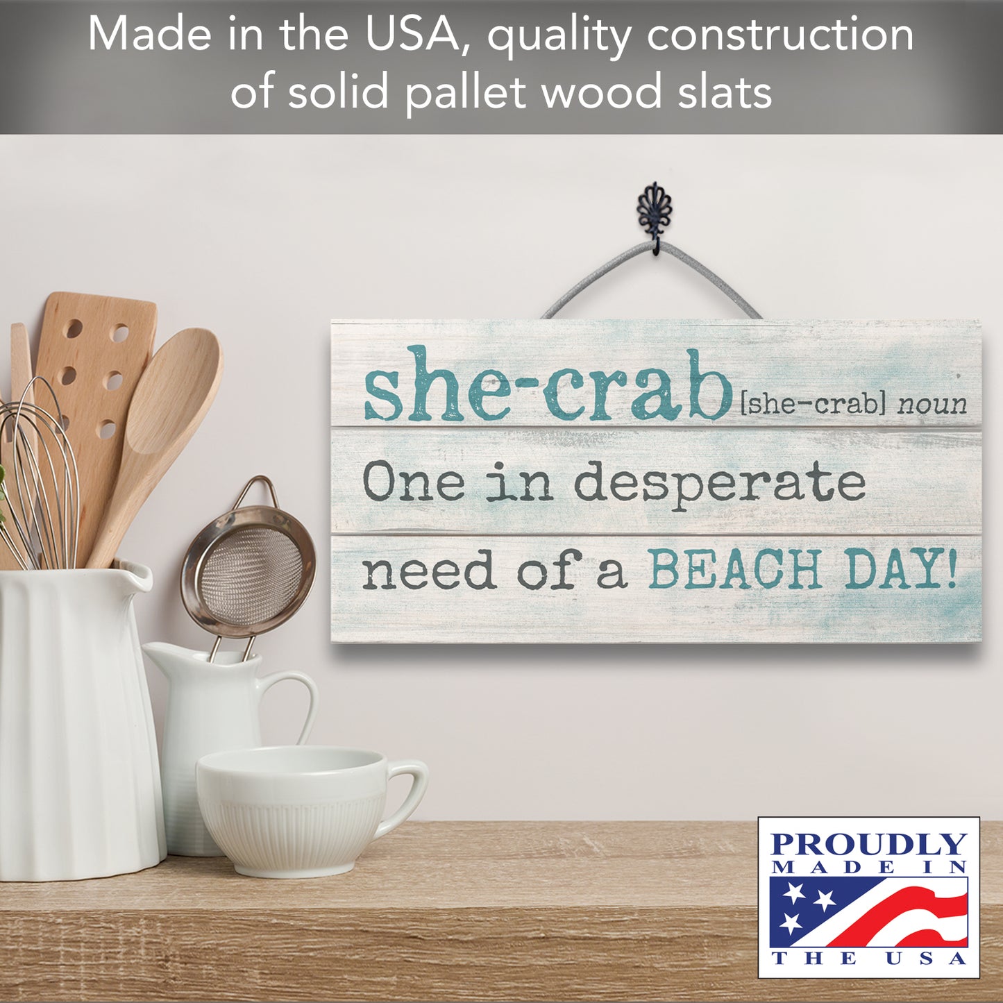 She Crab Decorative Slatted Pallet Wood Sign 12" by 6" Made in the USA Wire Hanger Doubles as an Easel
