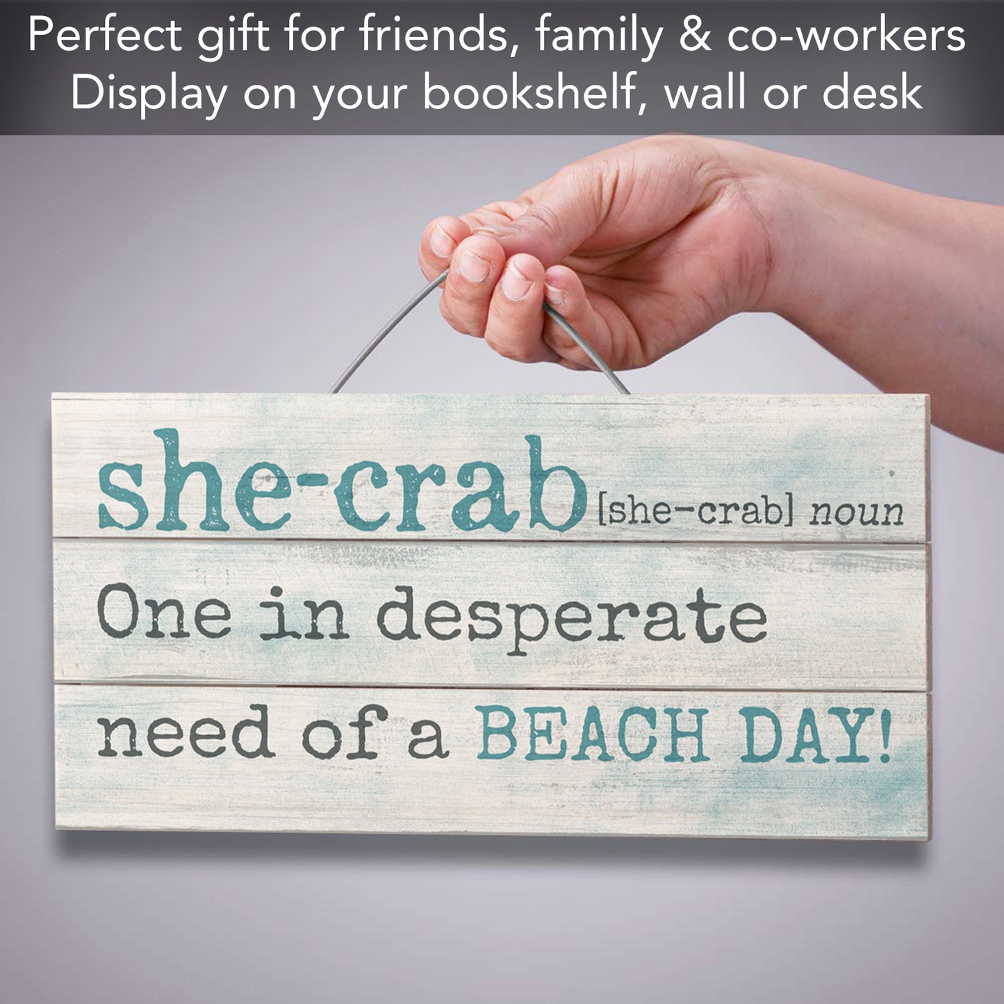 She Crab Decorative Slatted Pallet Wood Sign 12" by 6" Made in the USA Wire Hanger Doubles as an Easel