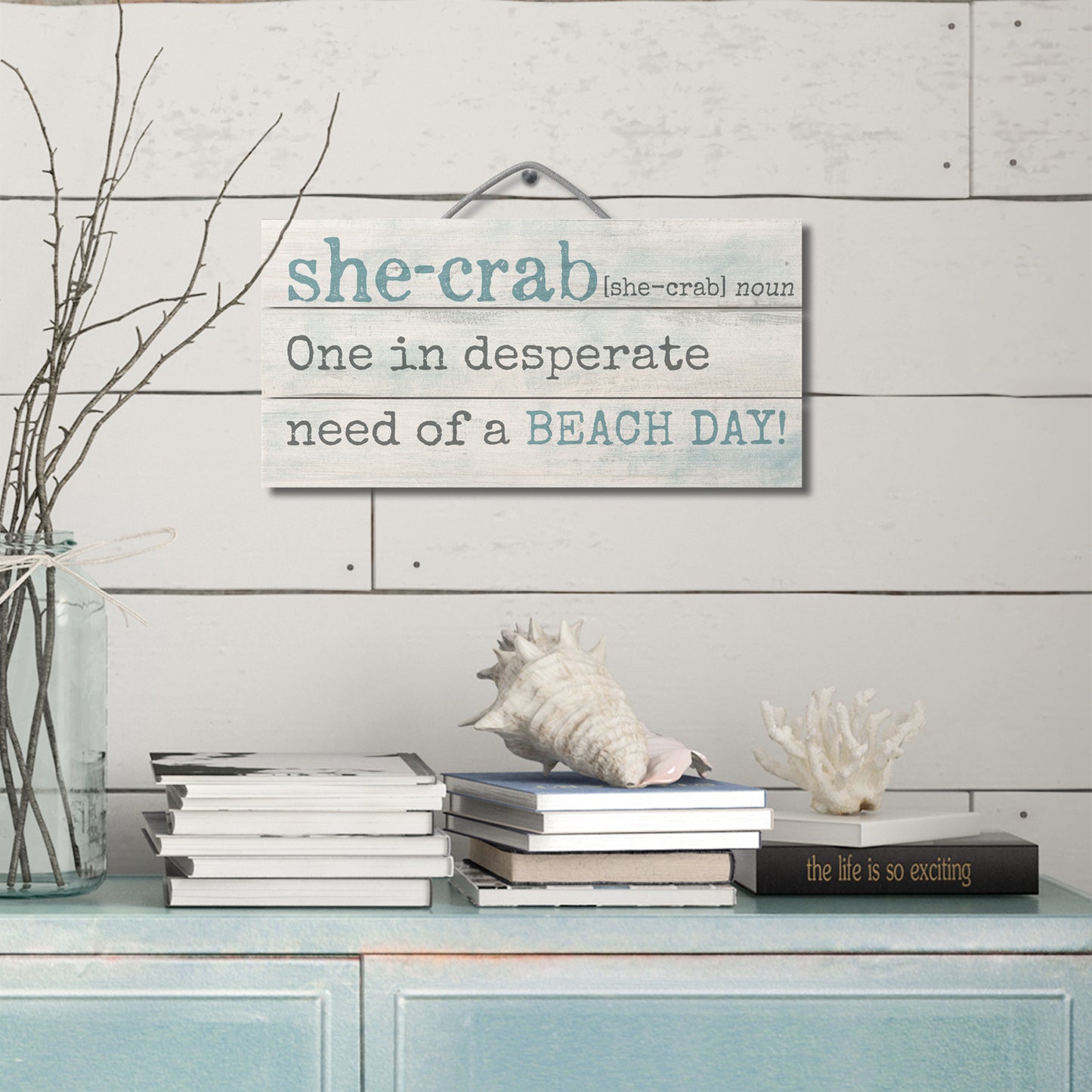 She Crab Decorative Slatted Pallet Wood Sign 12" by 6" Made in the USA Wire Hanger Doubles as an Easel