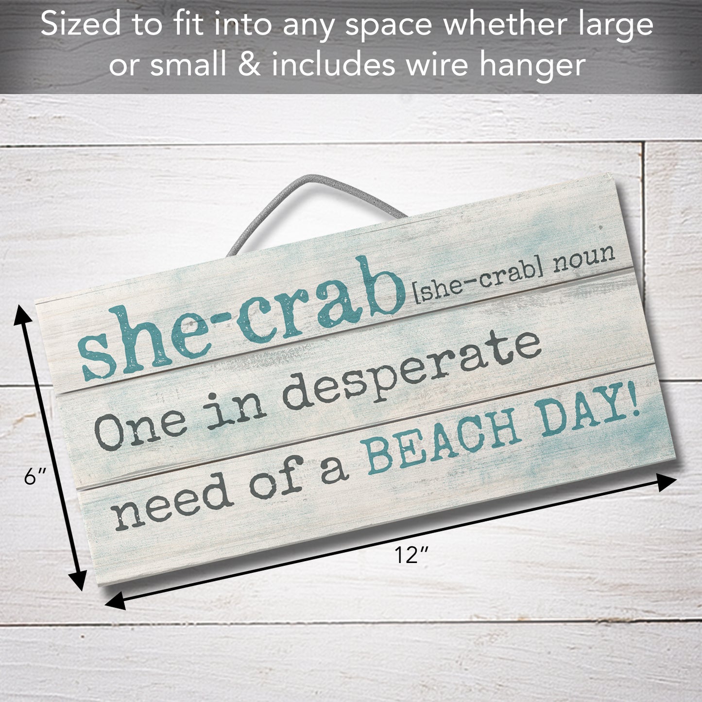 She Crab Decorative Slatted Pallet Wood Sign 12" by 6" Made in the USA Wire Hanger Doubles as an Easel