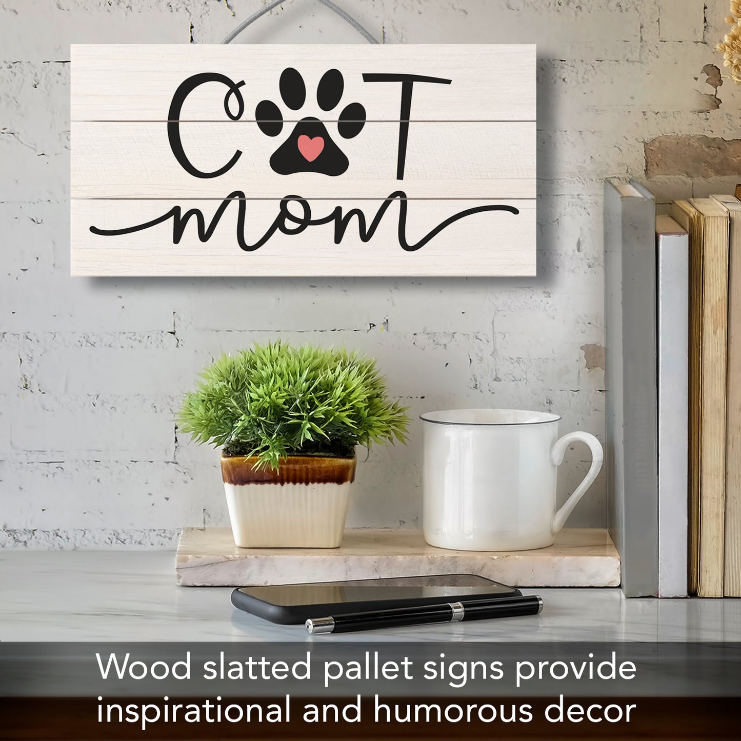 CounterArt Cat Mom Decorative Slatted Pallet Wood Sign 12" by 6" Made in the USA