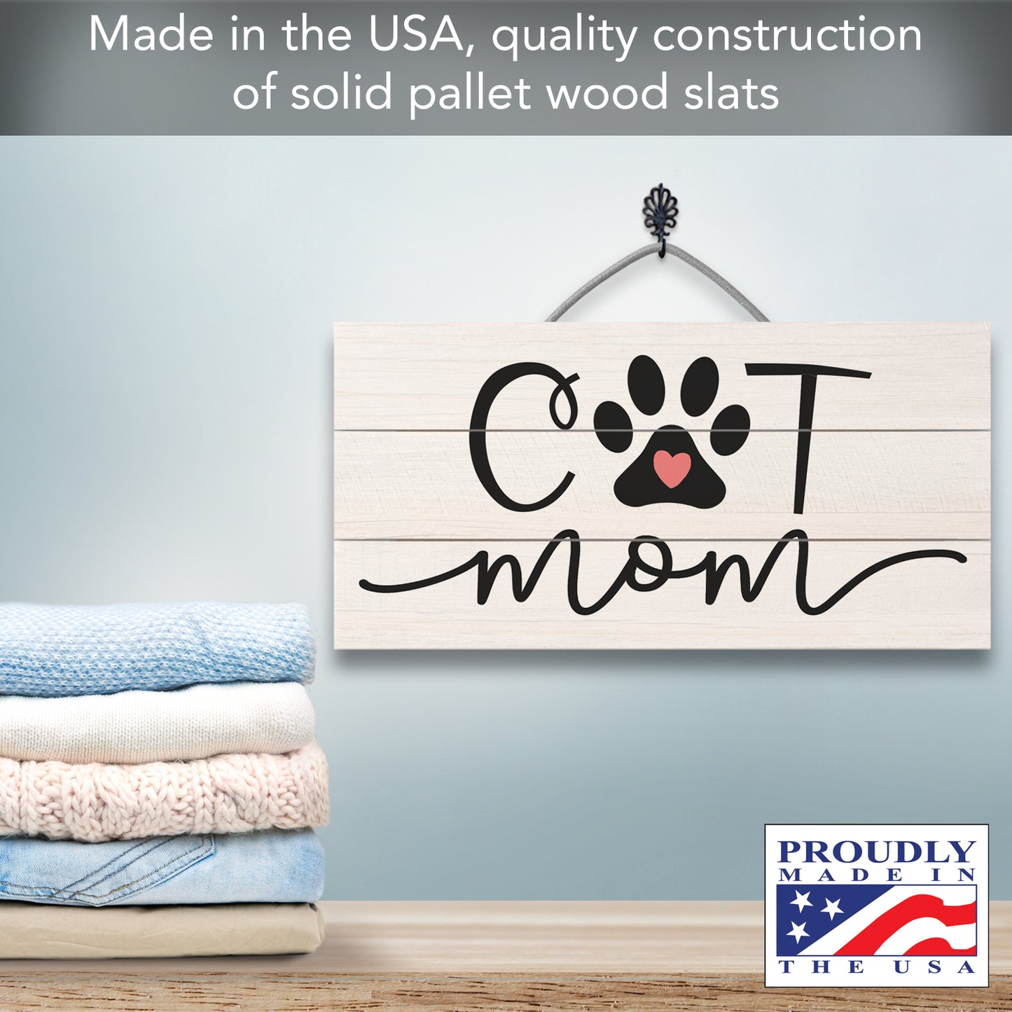 CounterArt Cat Mom Decorative Slatted Pallet Wood Sign 12" by 6" Made in the USA