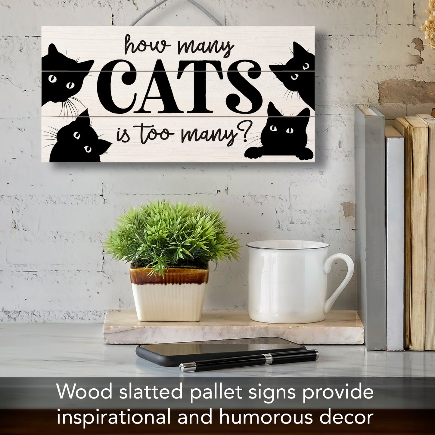 How Many Cats Decorative Slatted Pallet Wood Sign 12" x 6" Made in the USA Wire Hanger Doubles as an Easel