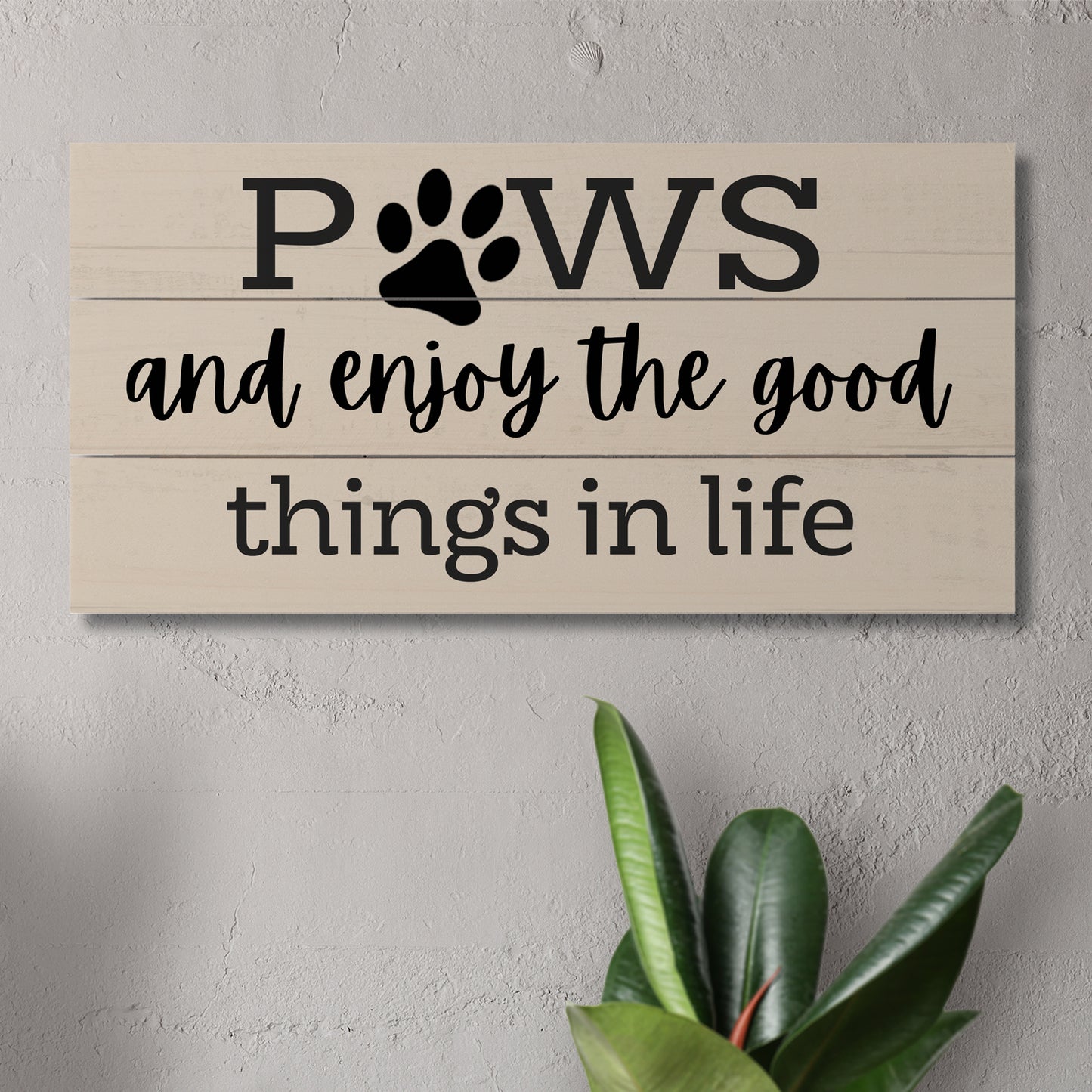 Paws and Enjoy Decorative Slatted Pallet Wood Sign 12" x 6" Made in the USA Wire Hanger Doubles as an Easel