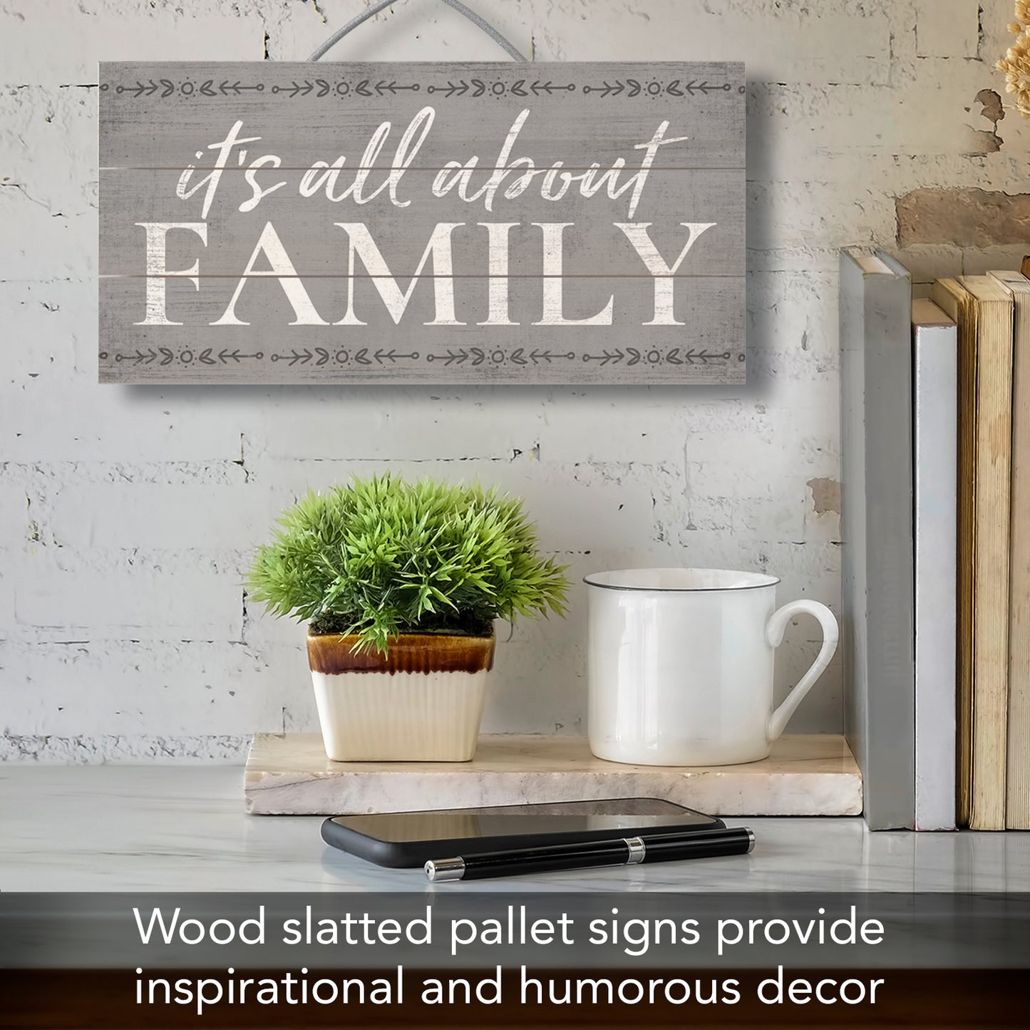 Highland Home All About Family Decorative Slatted Pallet Wood Sign 12" x 6" Made in The USA