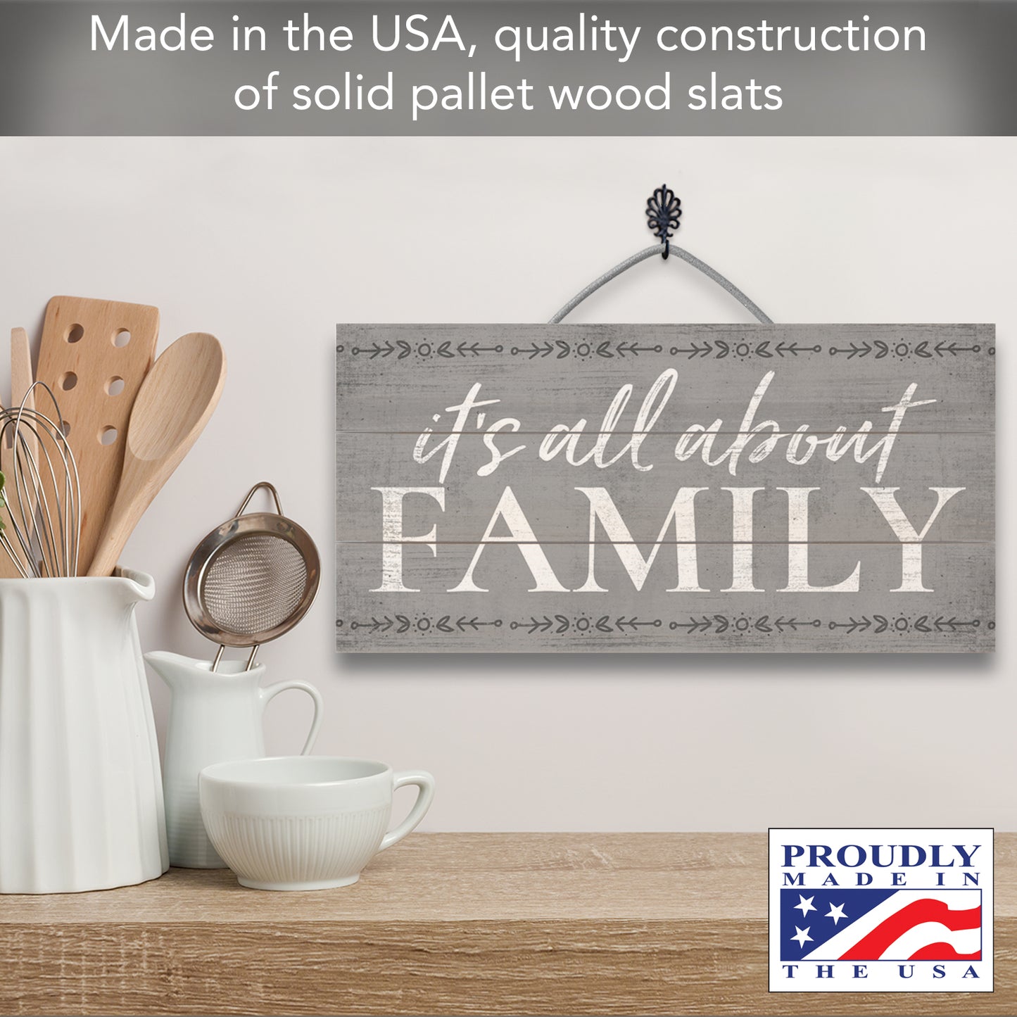 Highland Home All About Family Decorative Slatted Pallet Wood Sign 12" x 6" Made in The USA
