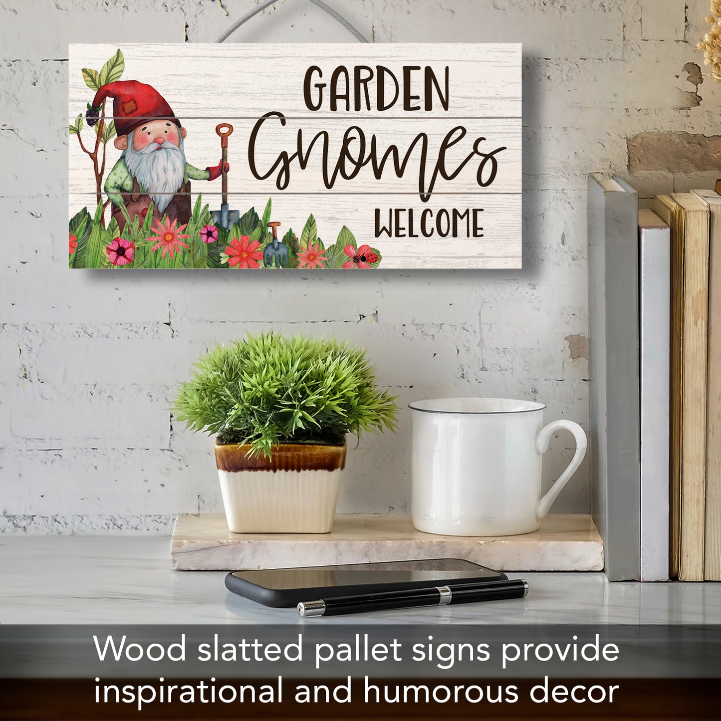 CounterArt Garden Gnomes Decorative Slatted Pallet Wood Sign 12" by 6" Made in the USA