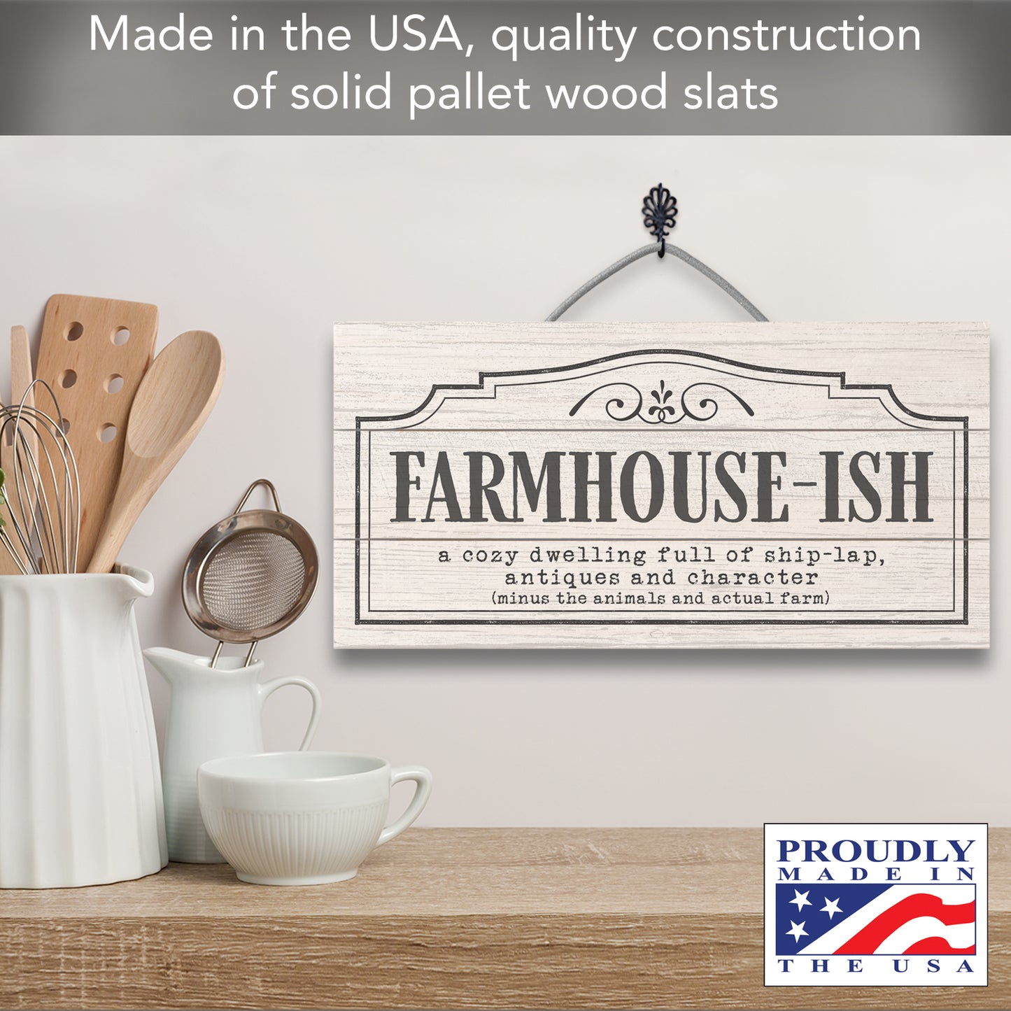 CounterArt "Farmhouse-ish" Decorative Slatted Pallet Wood Sign 12" by 6" Made in the USA