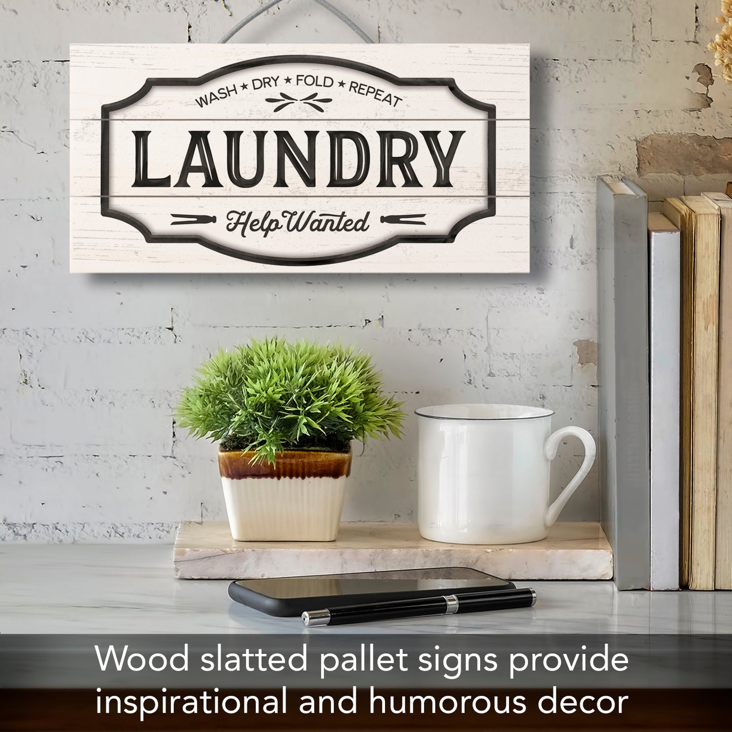 Laundry Decorative Slatted Pallet Wood Sign 12" by 6" Made in the USA Wire Hanger Doubles as an Easel