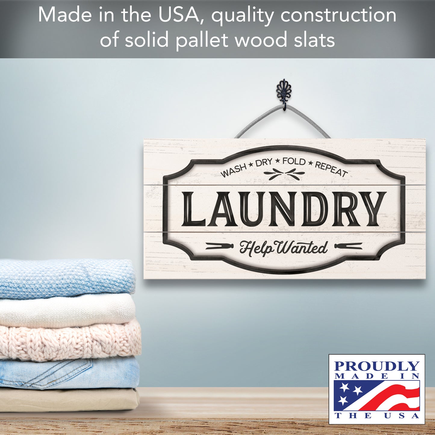 Laundry Decorative Slatted Pallet Wood Sign 12" by 6" Made in the USA Wire Hanger Doubles as an Easel