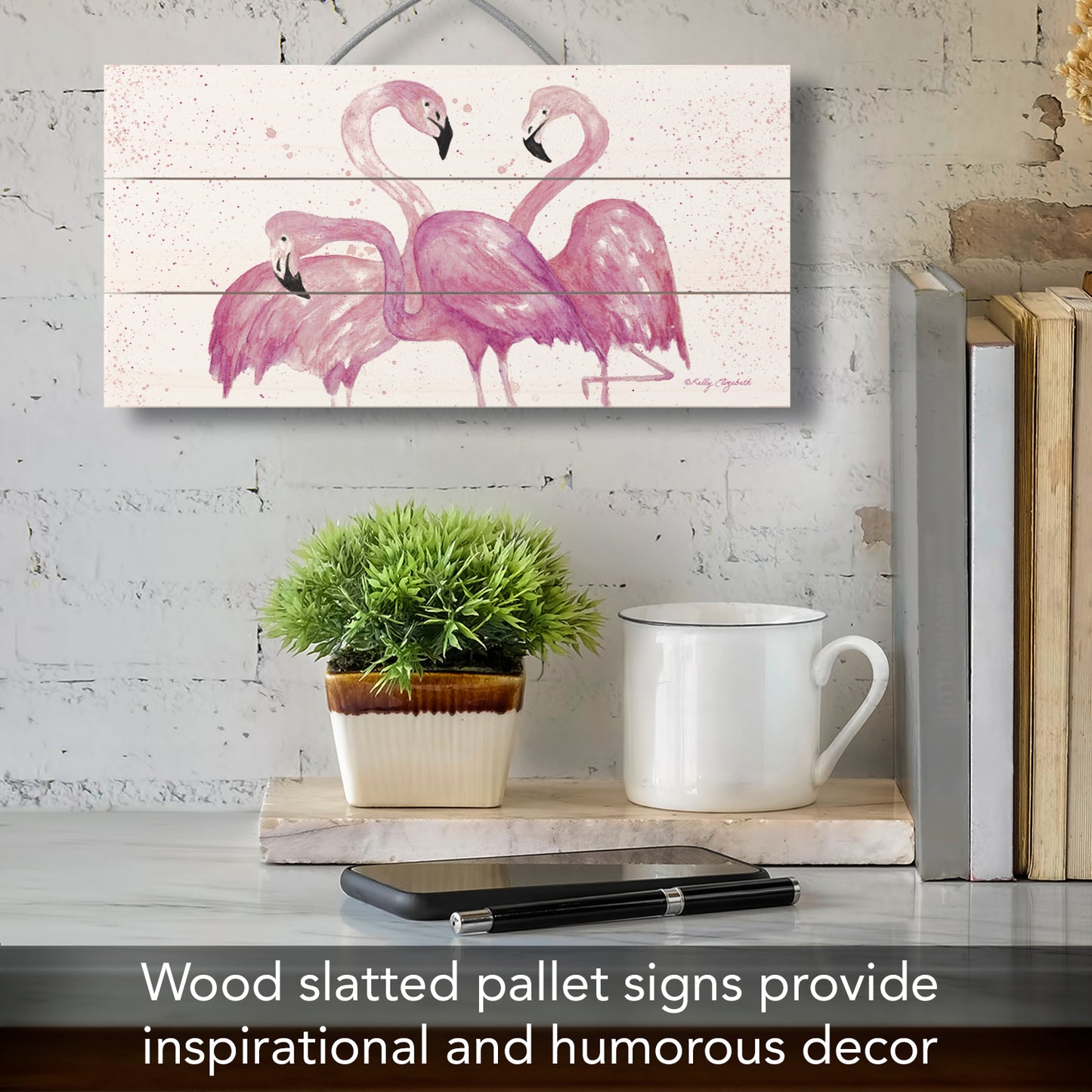Fabulous Flamingos Decorative Slatted Pallet Wood Sign 12" by 6" Wire Hanger Doubles as Easel