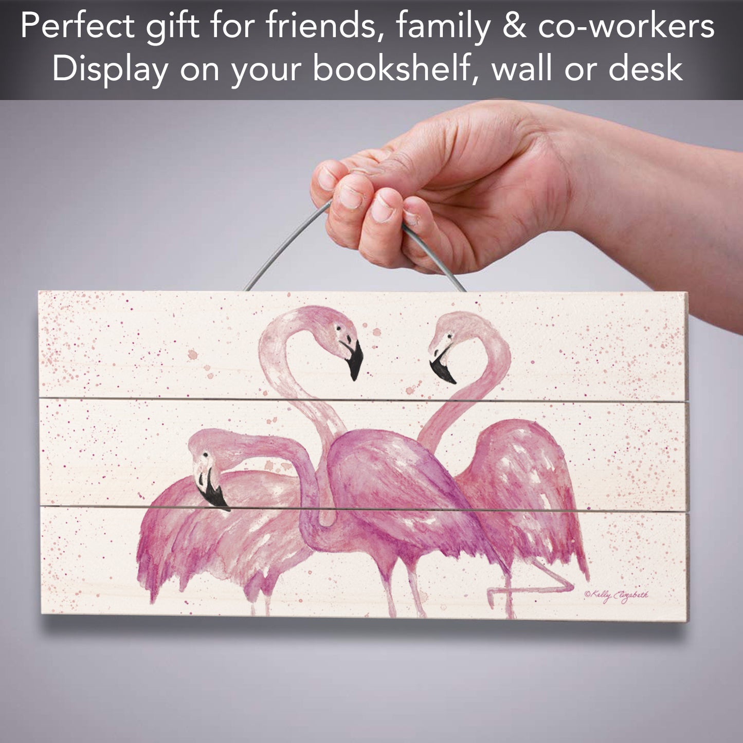 Fabulous Flamingos Decorative Slatted Pallet Wood Sign 12" by 6" Wire Hanger Doubles as Easel