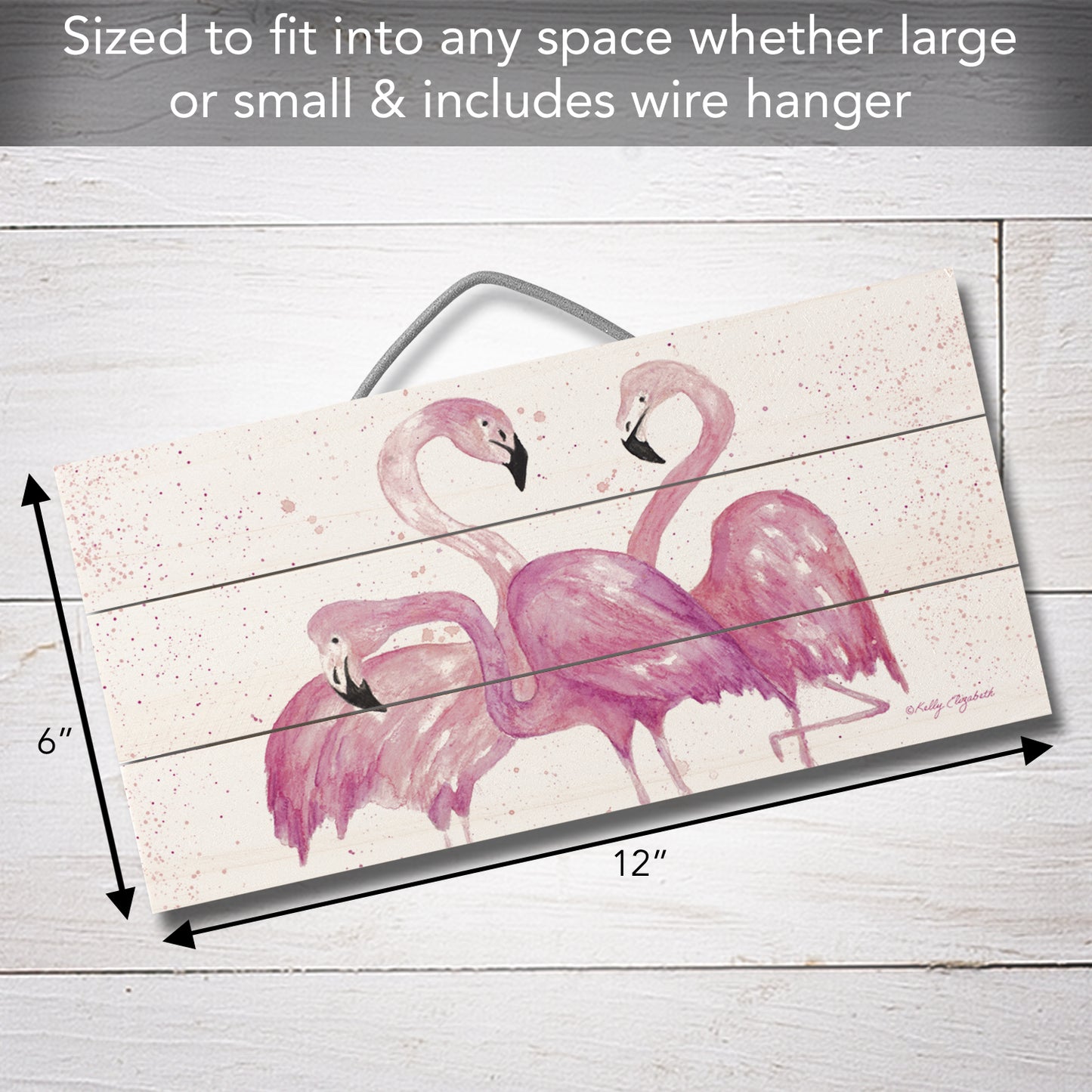 Fabulous Flamingos Decorative Slatted Pallet Wood Sign 12" by 6" Wire Hanger Doubles as Easel